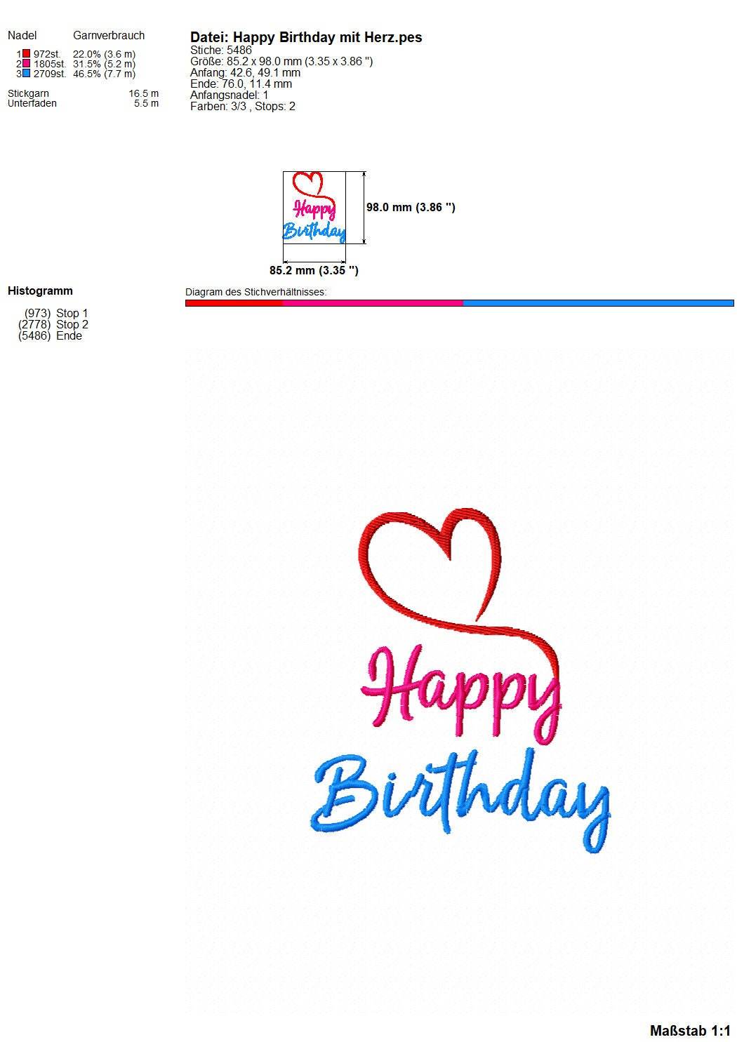 Stickdatei Schriftzug Happy Birthday, Glückwunsch, Geburtstag - Sewando