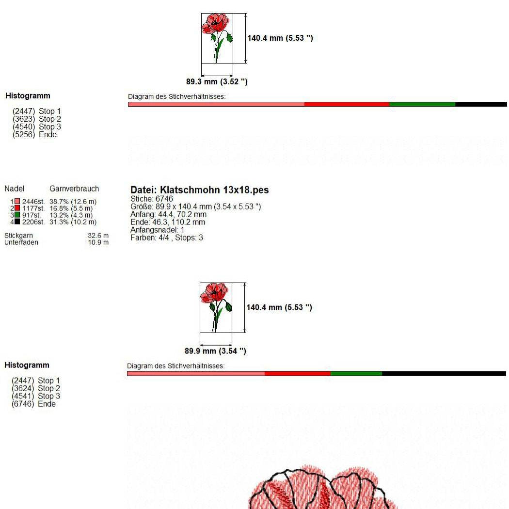 Stickdatei Klatschmohn - je zwei Varianten, 10x10 und 13x18, Mohn, Blume - Sewando