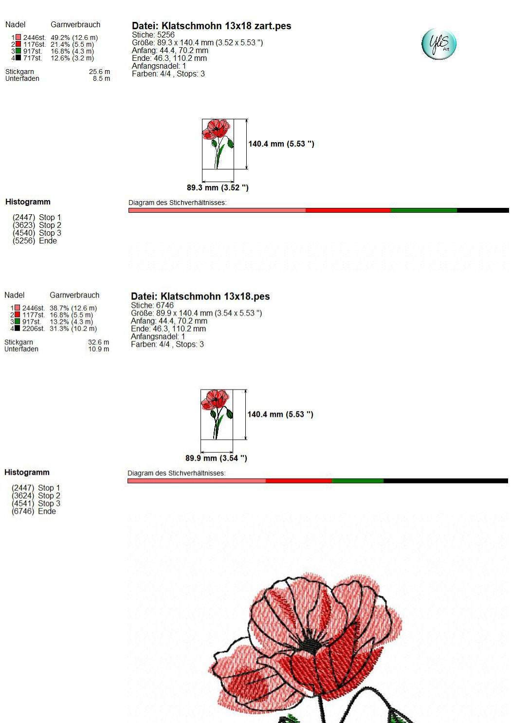 Stickdatei Klatschmohn - je zwei Varianten, 10x10 und 13x18, Mohn, Blume - Sewando