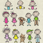 Stickdatei Strichmännchen Familie 1 und 2 mit Hund Katze Mama Papa Set 196 - Sewando