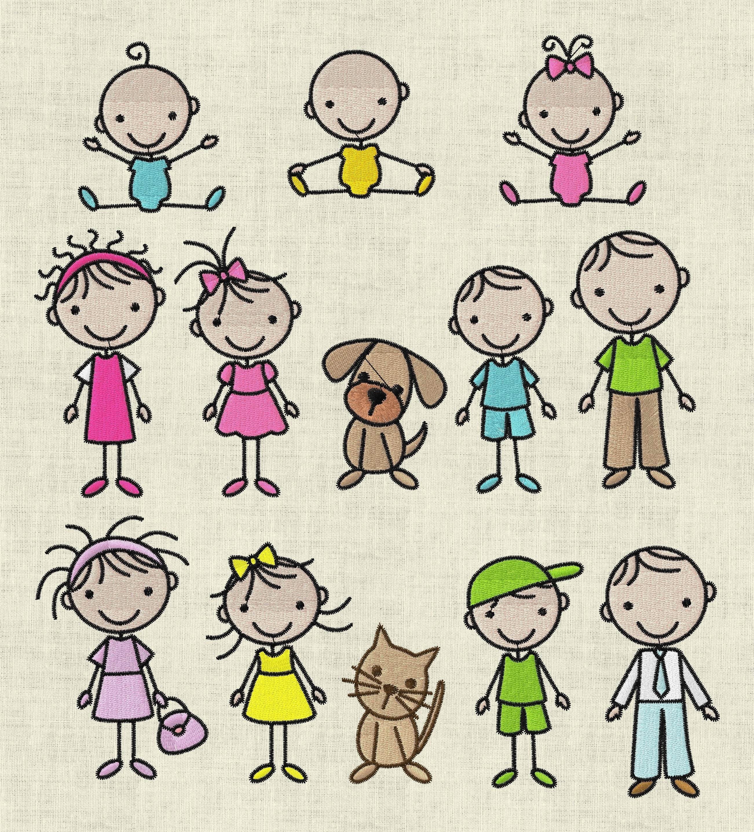 Stickdatei Strichmännchen Familie 1 und 2 mit Hund Katze Mama Papa Set 196 - Sewando
