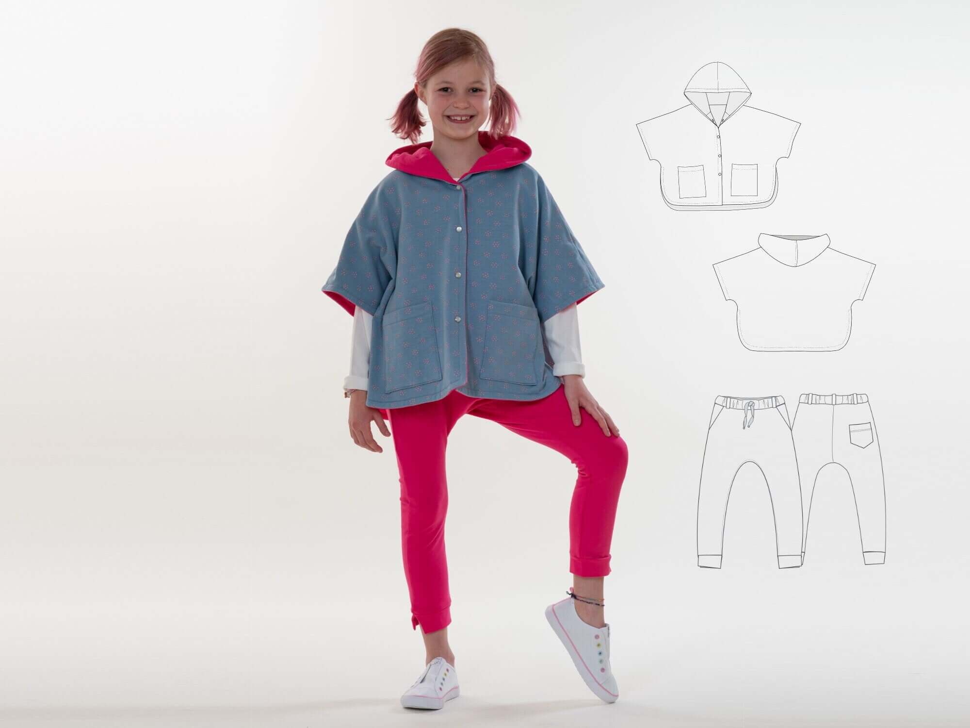 Schnittmuster Set PAULA DADO Poncho Kapuze und Hose, digitales PDF-Schnittmuster für Kinder-Outfit.