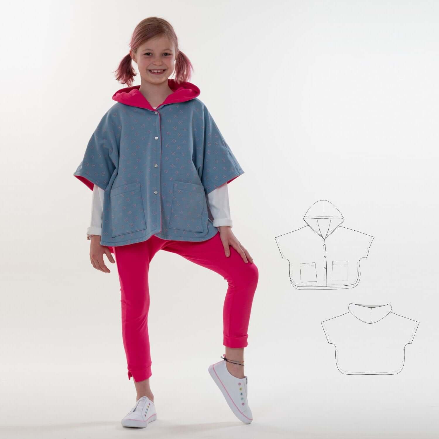 Schnittmuster Mädchen Poncho PAULA PDF Kinder Kapuze für Größen 86/92 bis 134/140, digitaler Download