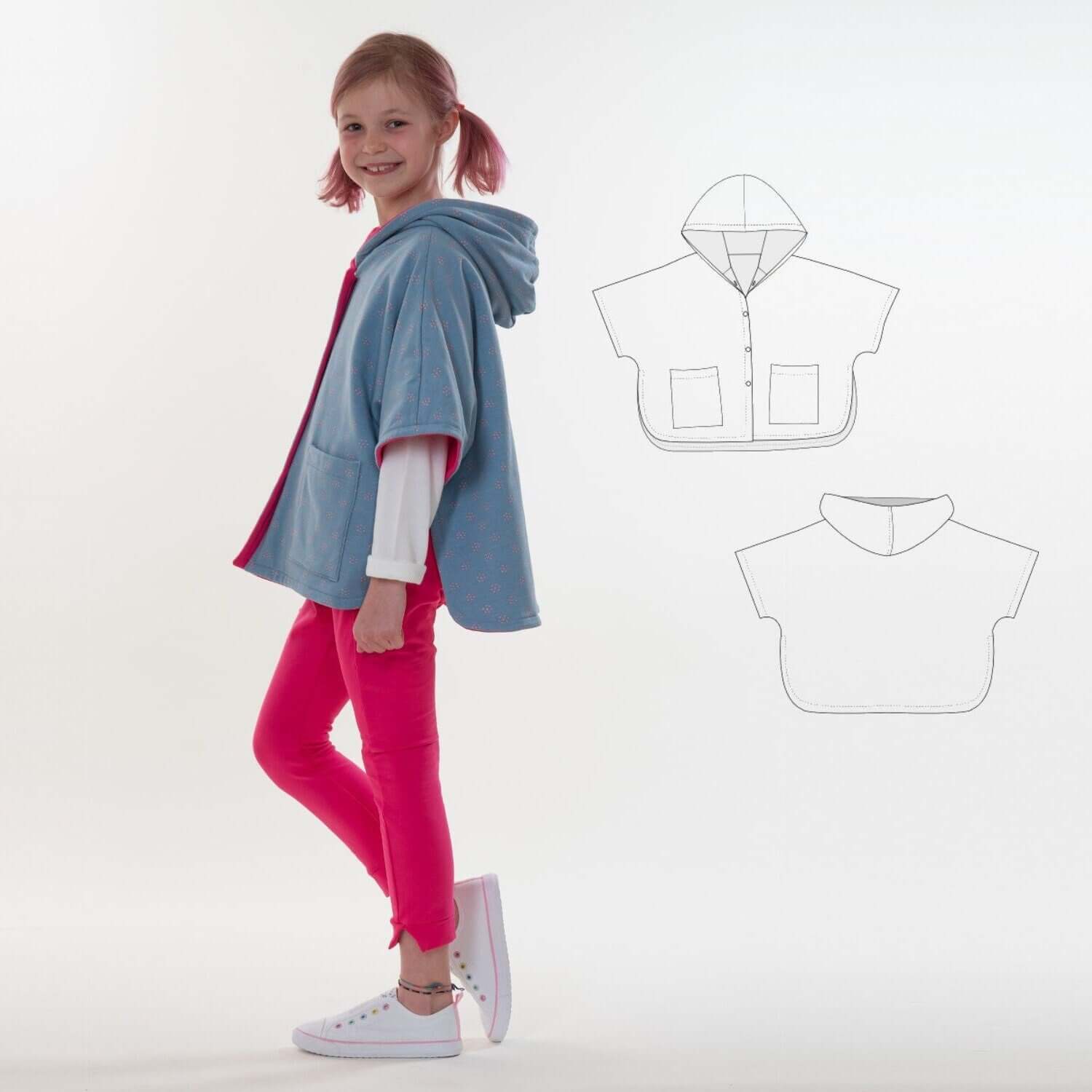 Schnittmuster Mädchen Poncho PAULA PDF Kinder Kapuze mit übersichtlicher Anleitung und Illustrationen