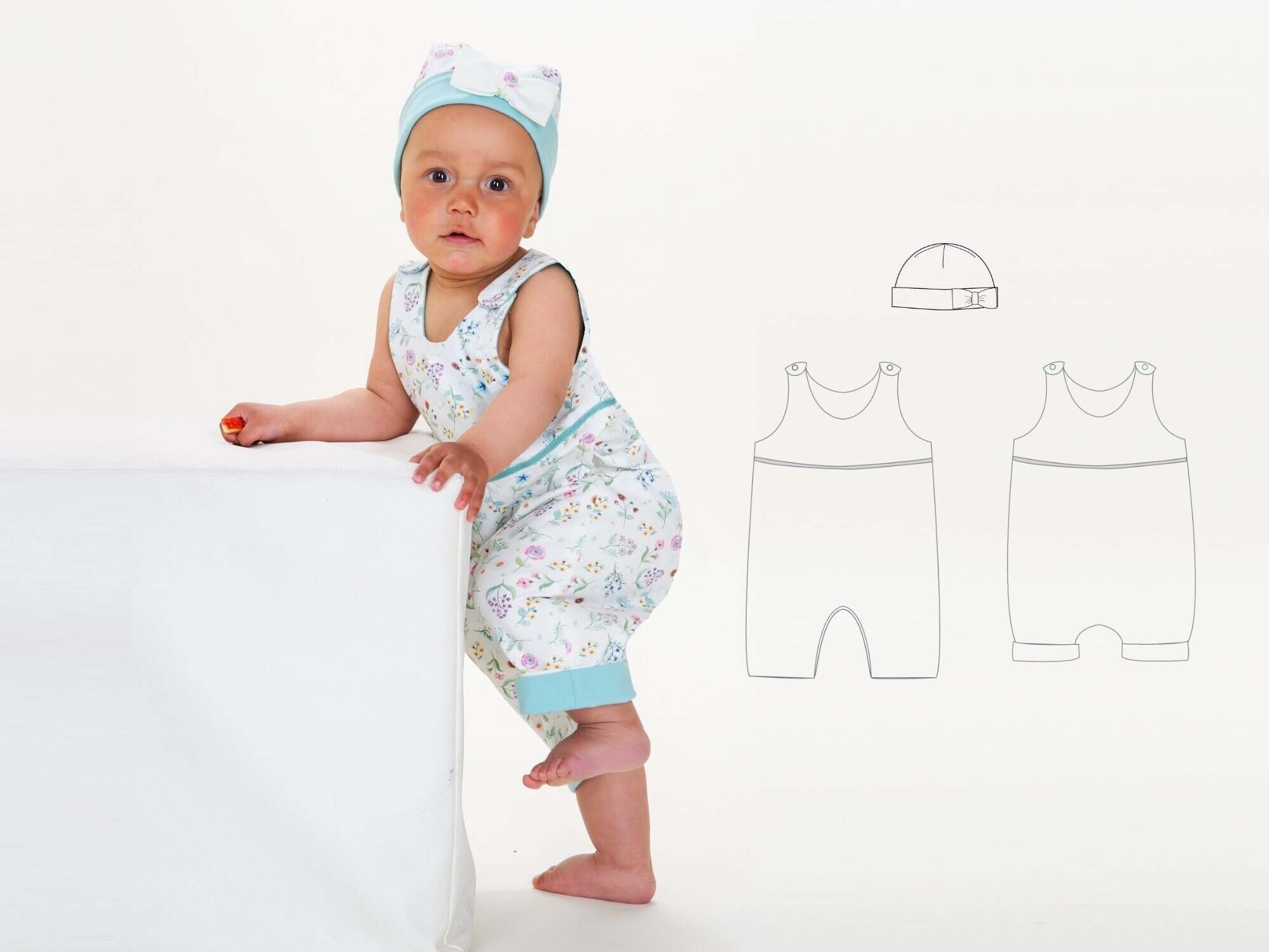 Schnittmuster Baby-Overall & Mütze, unisex Baby mit Overall und Mütze im Design von PDF-Schnittmuster.