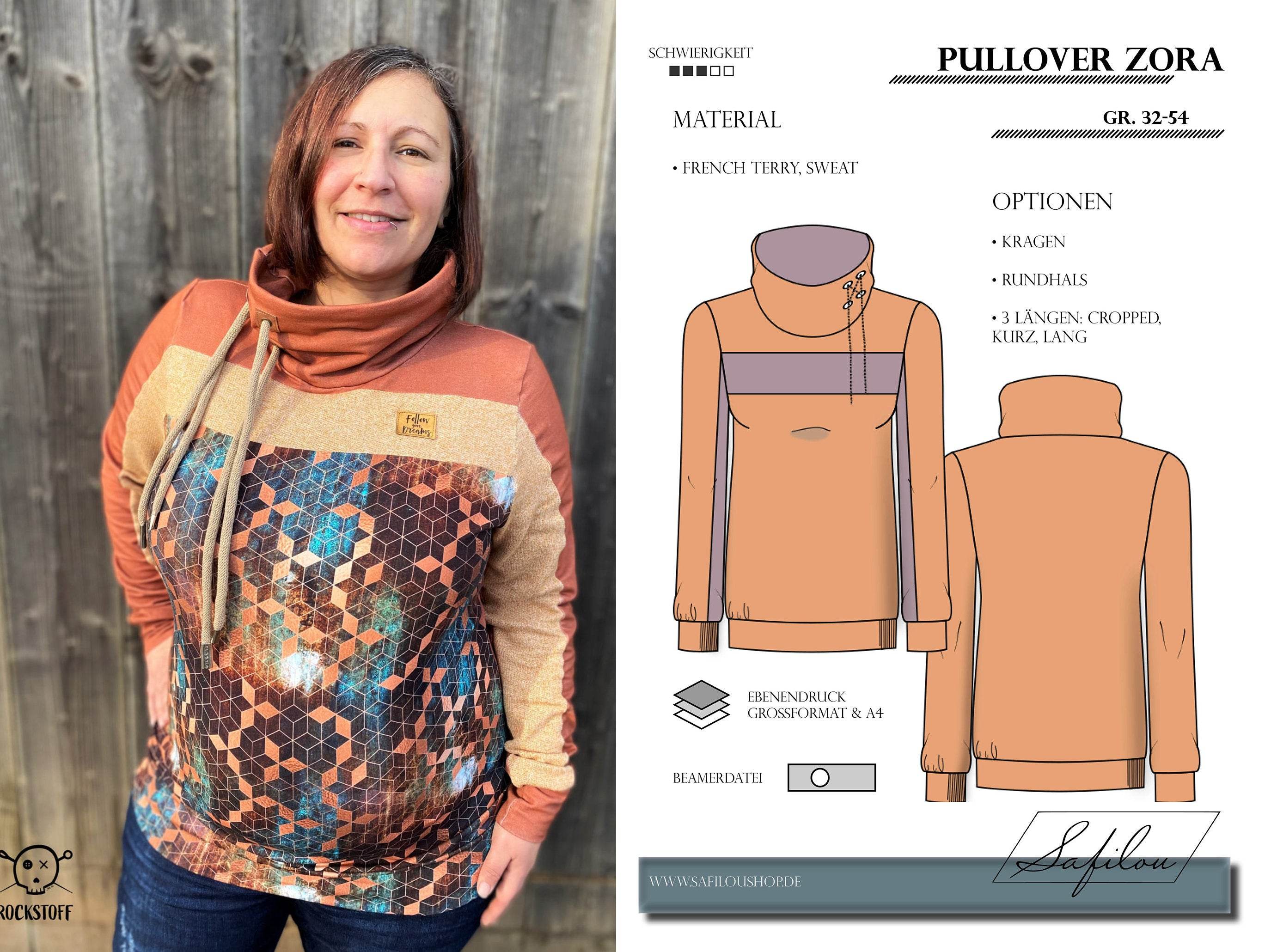 PDF-Schnittmuster Pullover Zora Gr. 32-54 mit 3 Längen: Cropped, Kurz, Lang - Sewando
