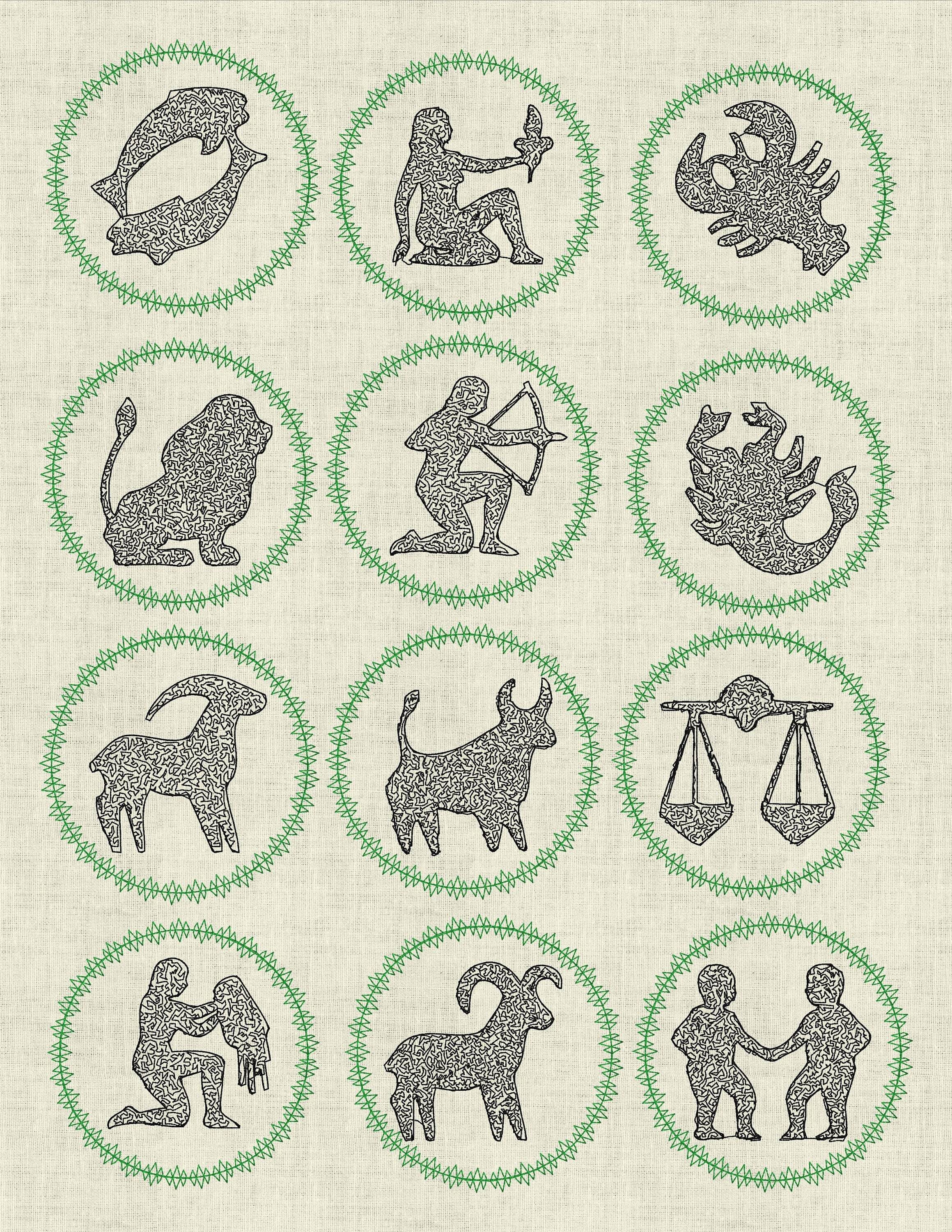Stickdatei 12 Sternzeichen Zodiac Set 762 Doodle Rahmen Button - Sewando