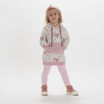 Schnittmuster Hoodie und Leggings ARWEN für Mädchen in Rosa mit Blumenmuster, ideal für handgemachte Kleidung.