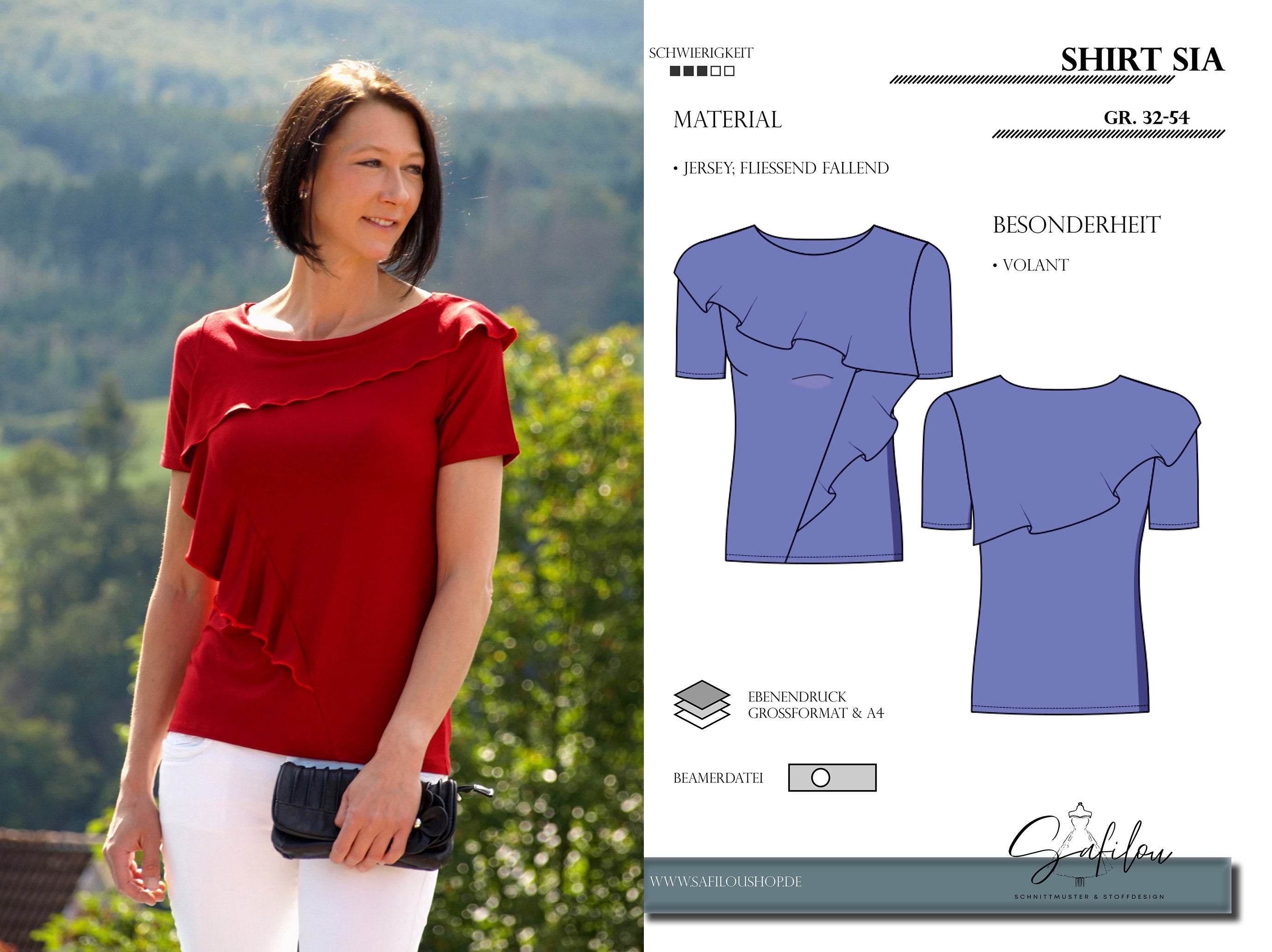 PDF-Schnittmuster Shirt Sia Gr. 32-54 | Feminin, mit Volant-Detail, 2 Ärmellängen - Sewando