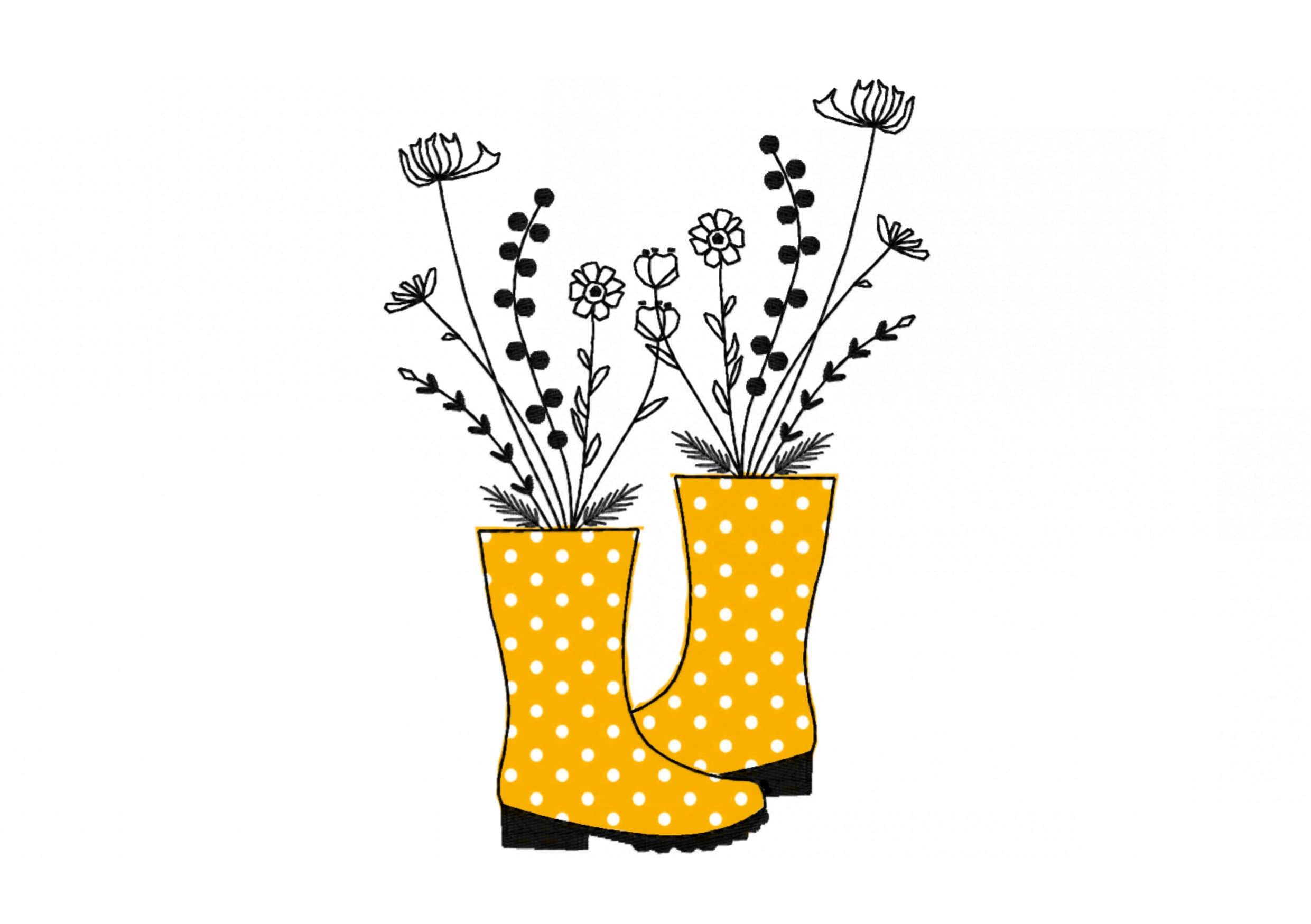 Stickdatei Blumen im Stiefel, LineArt, Redwork, 2 Größen, 6 Dateien, 10x10 cm und 13x18cm - Sewando