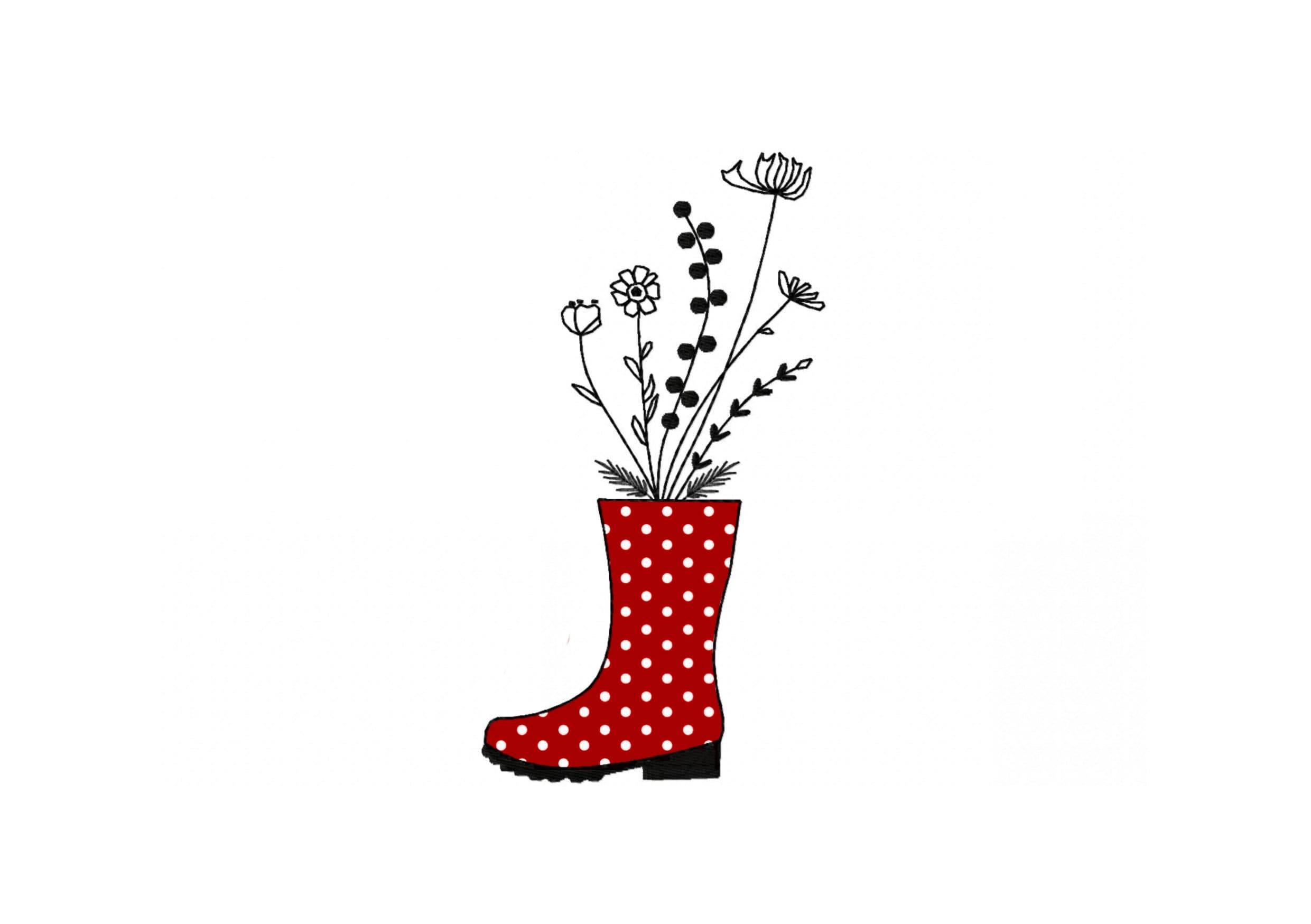 Stickdatei Blumen im Stiefel, LineArt, Redwork, 2 Größen, 6 Dateien, 10x10 cm und 13x18cm - Sewando