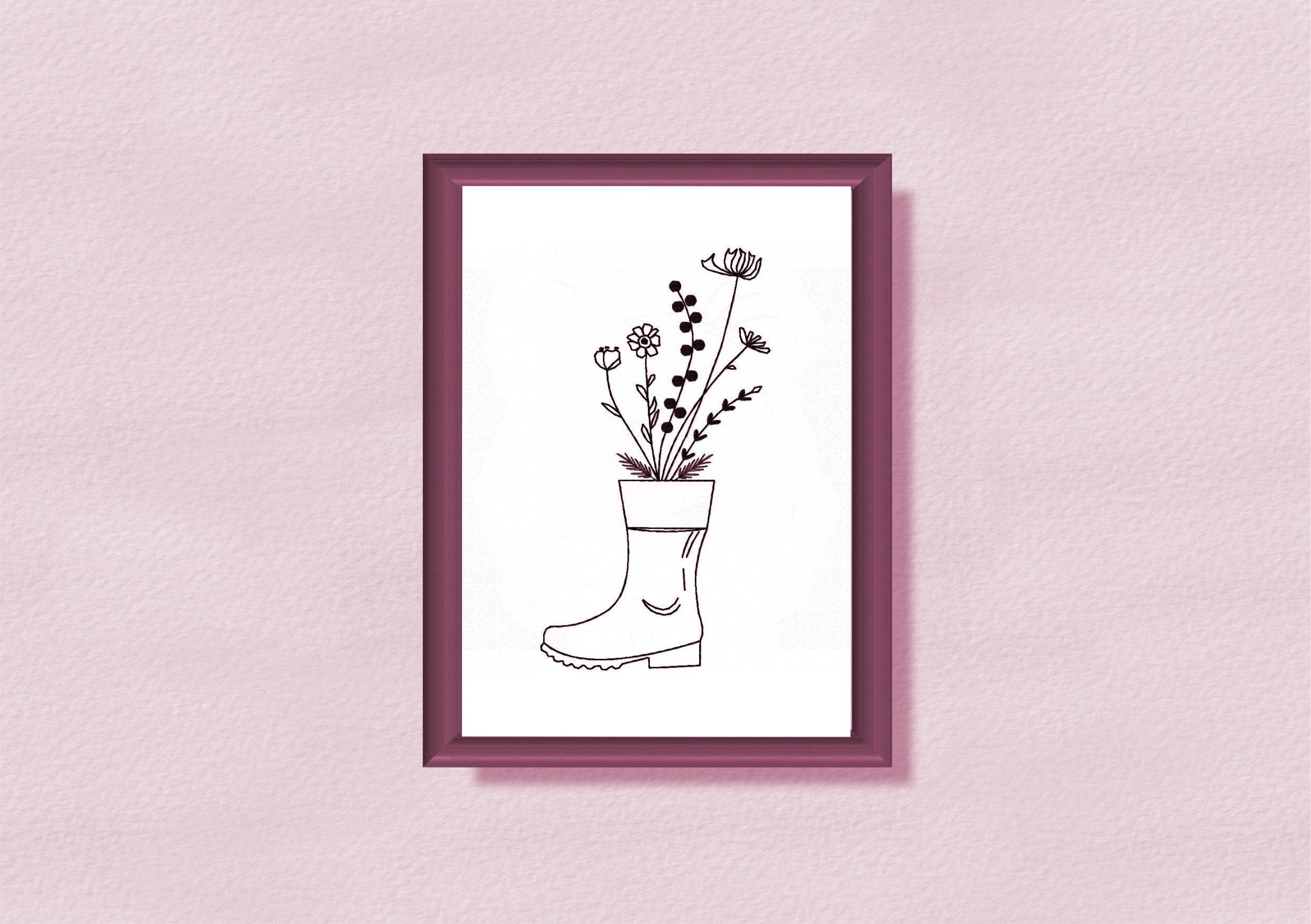 Stickdatei Blumen im Stiefel, LineArt, Redwork, 2 Größen, 6 Dateien, 10x10 cm und 13x18cm - Sewando