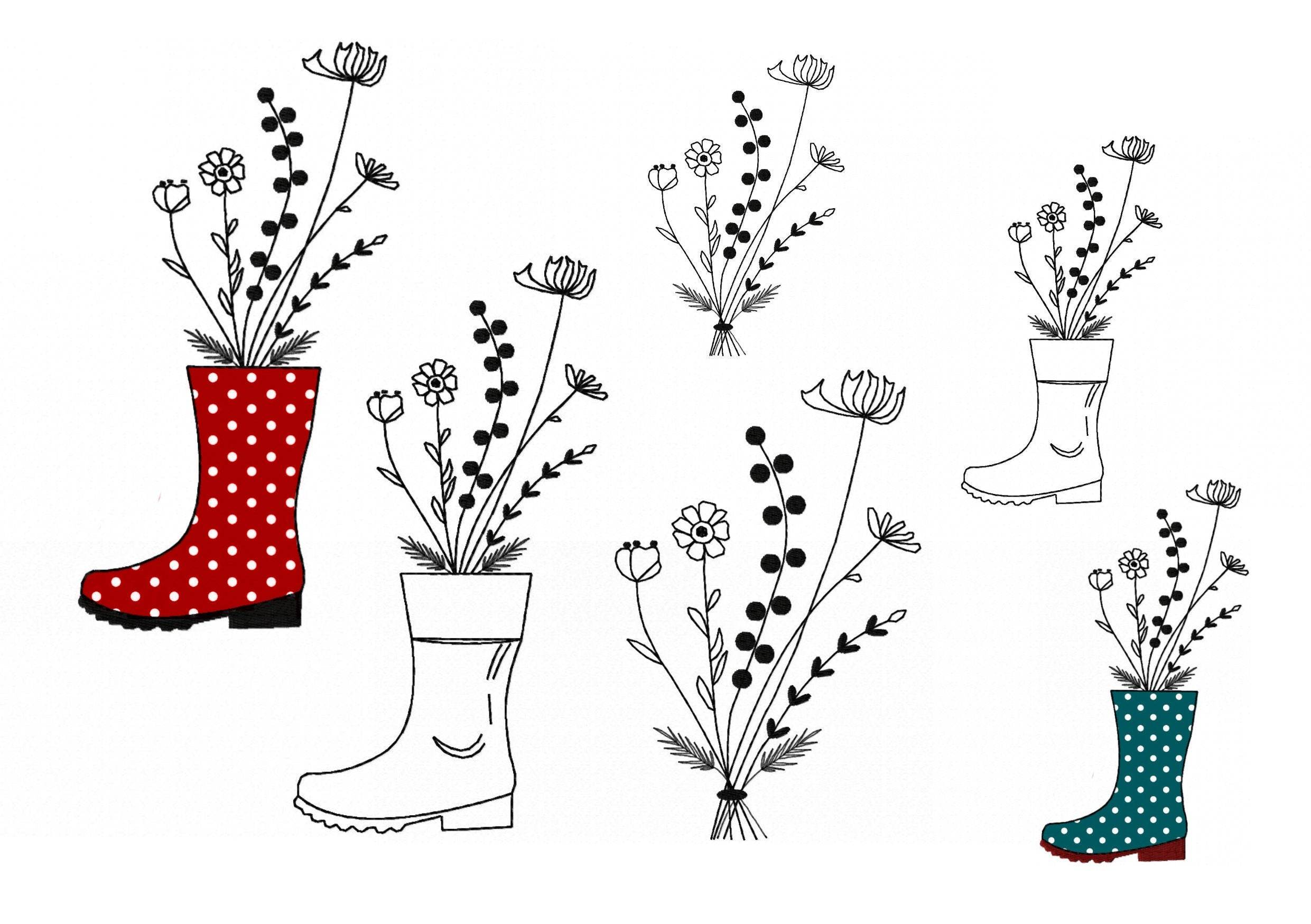 Stickdatei Blumen im Stiefel, LineArt, Redwork, 2 Größen, 6 Dateien, 10x10 cm und 13x18cm - Sewando