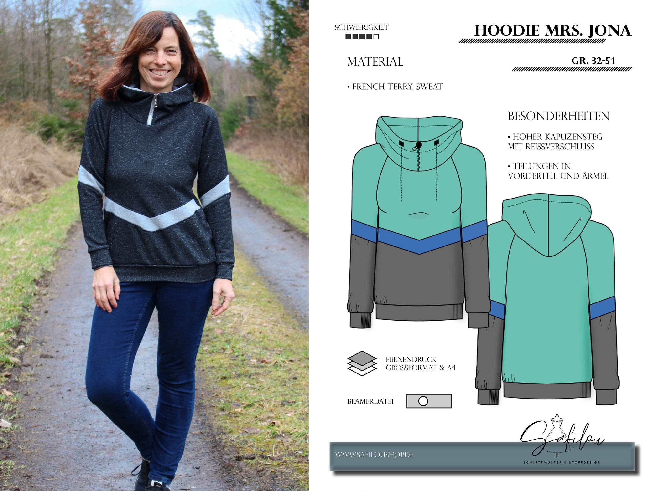 PDF-Schnittmuster Hoodie Mrs. Jona – Gr. 32-54 | mit hohem Kapuzensteg - Sewando
