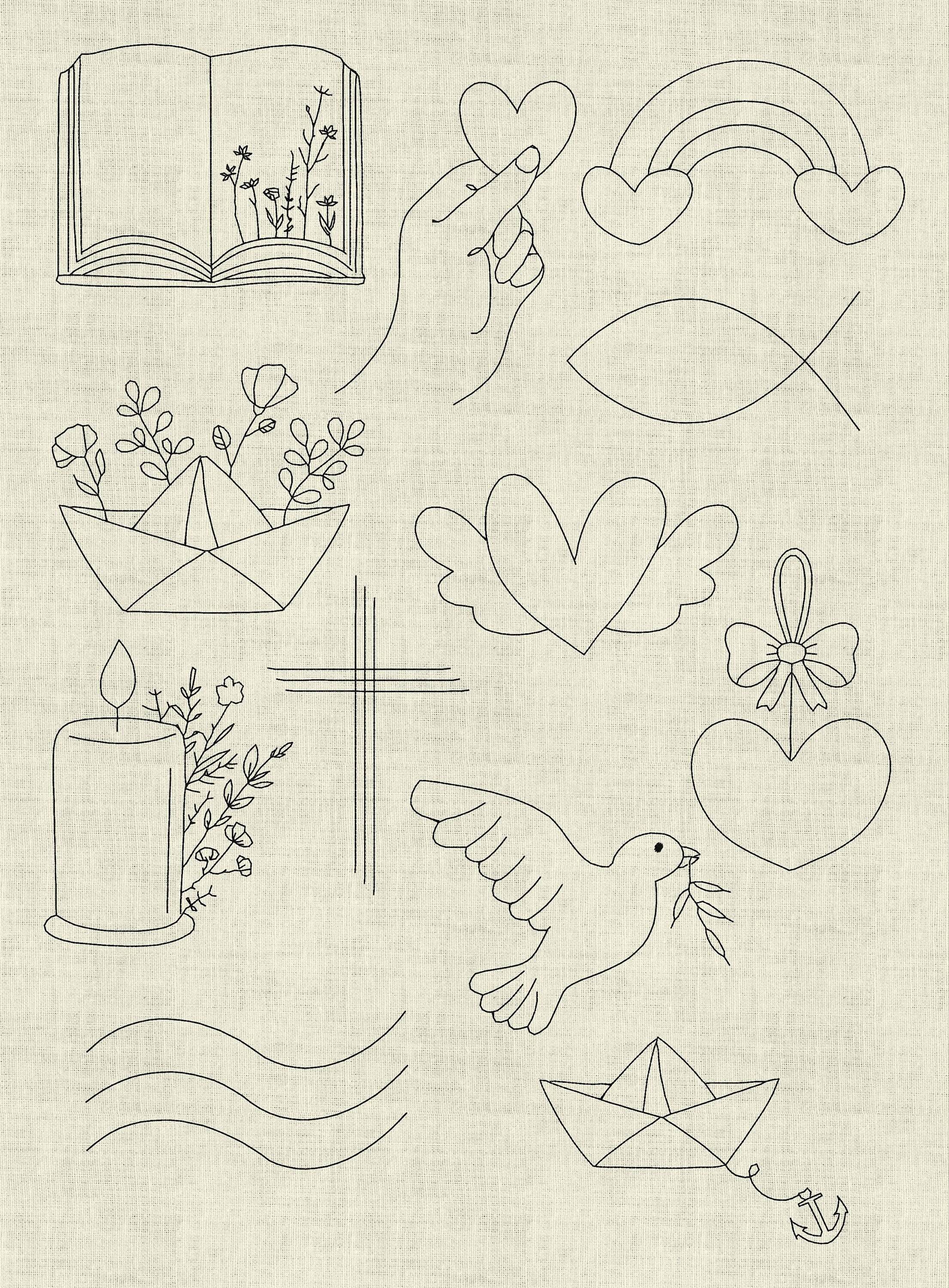 Stickdatei Taufe Kommunion Hochzeit Line Art Doodle Set 951 - Sewando