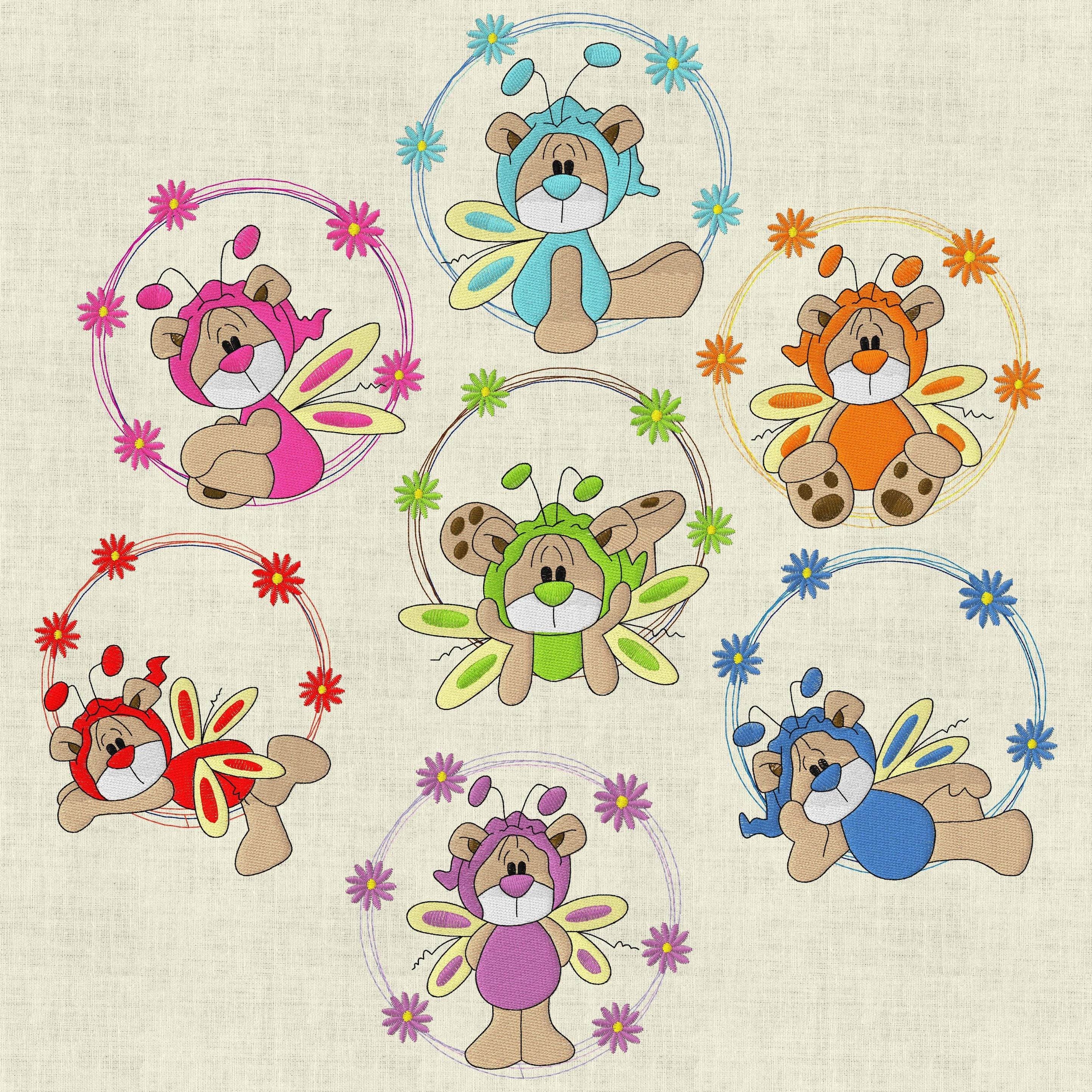 Stickdatei Schmetterling Teddy Doodle Rahmen mit Blumen Set 201/2 - Sewando