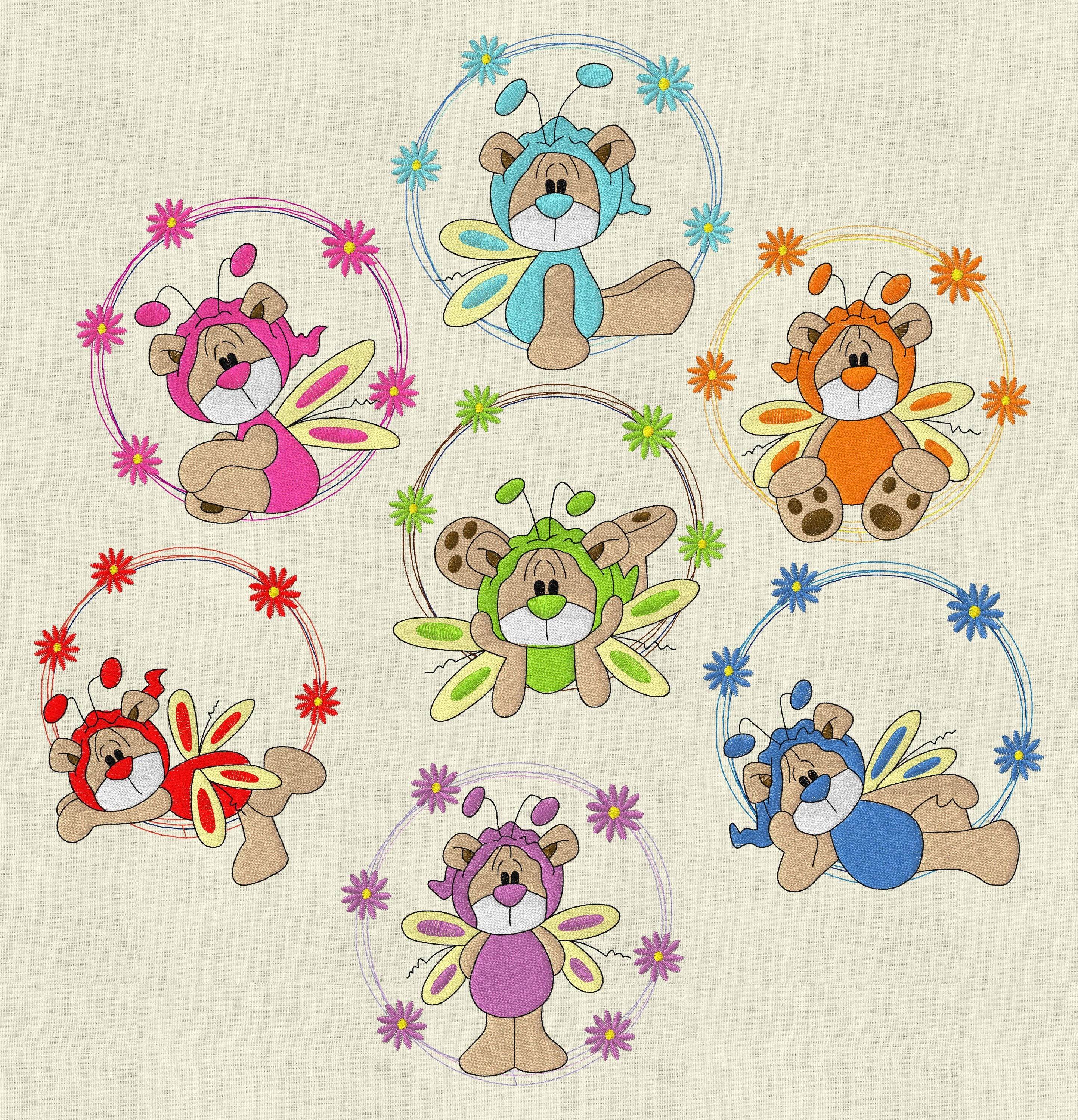 Stickdatei Schmetterling Teddy Doodle Rahmen mit Blumen Set 201/2 - Sewando