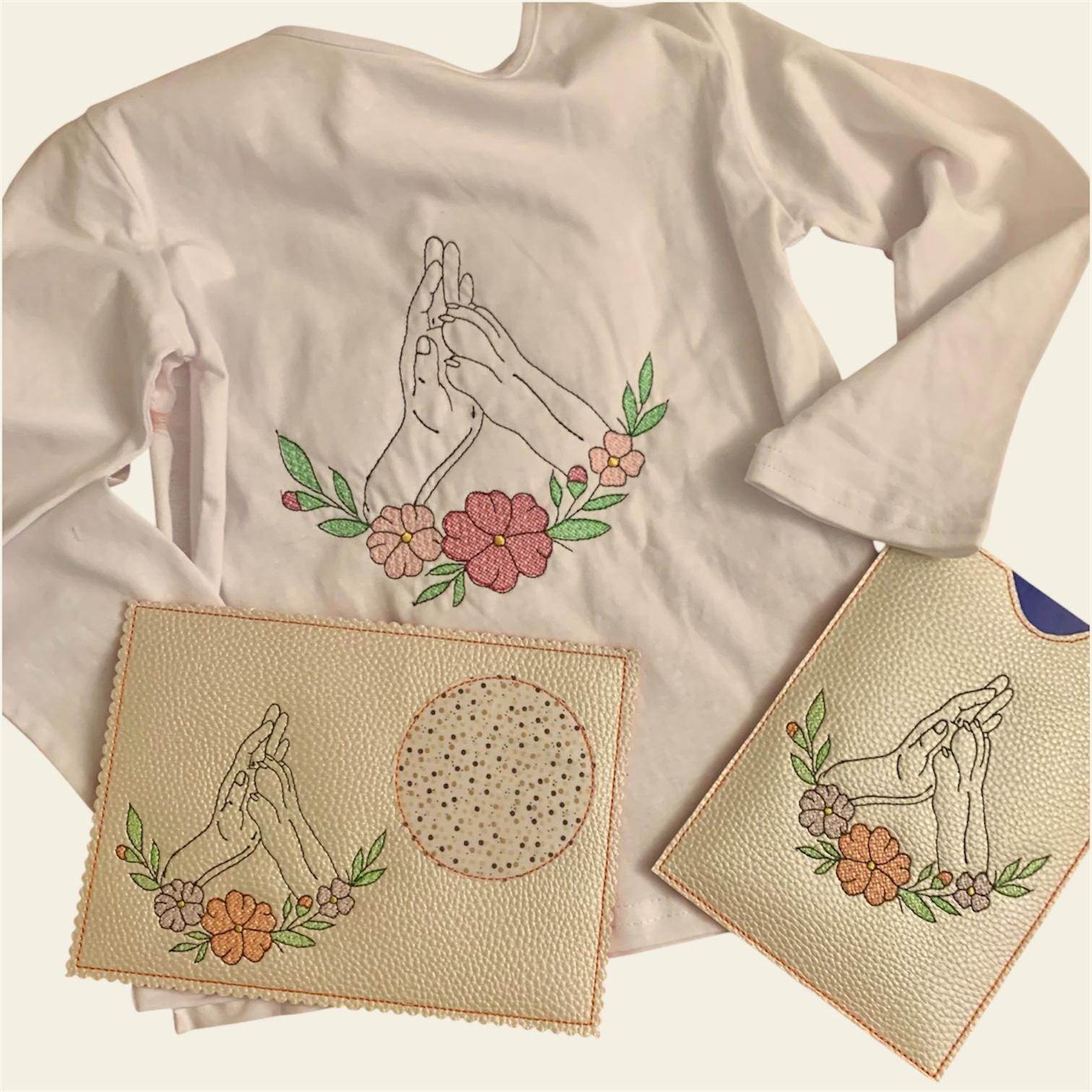 Stickdatei Hand und Pfote mit Blumen, Hund Set 939 Doodle Lineare Art - Sewando