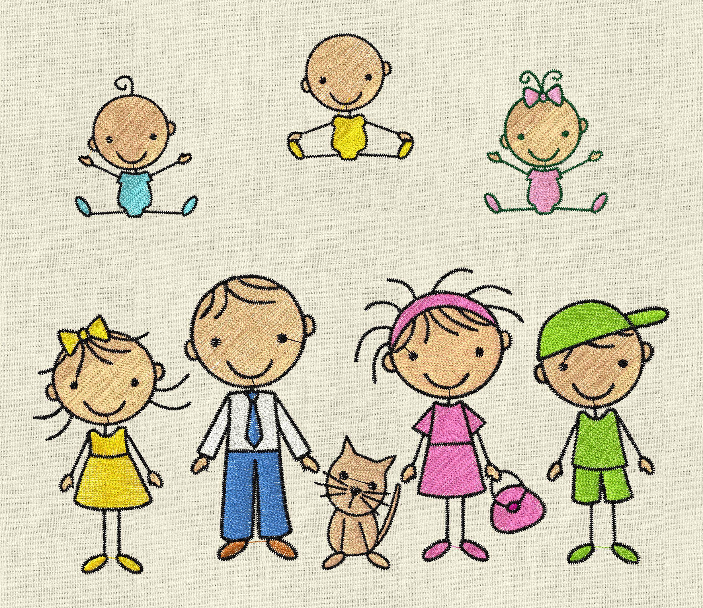 Stickdatei Strichmännchen Familie 2 mit Katze Set 196 - Sewando