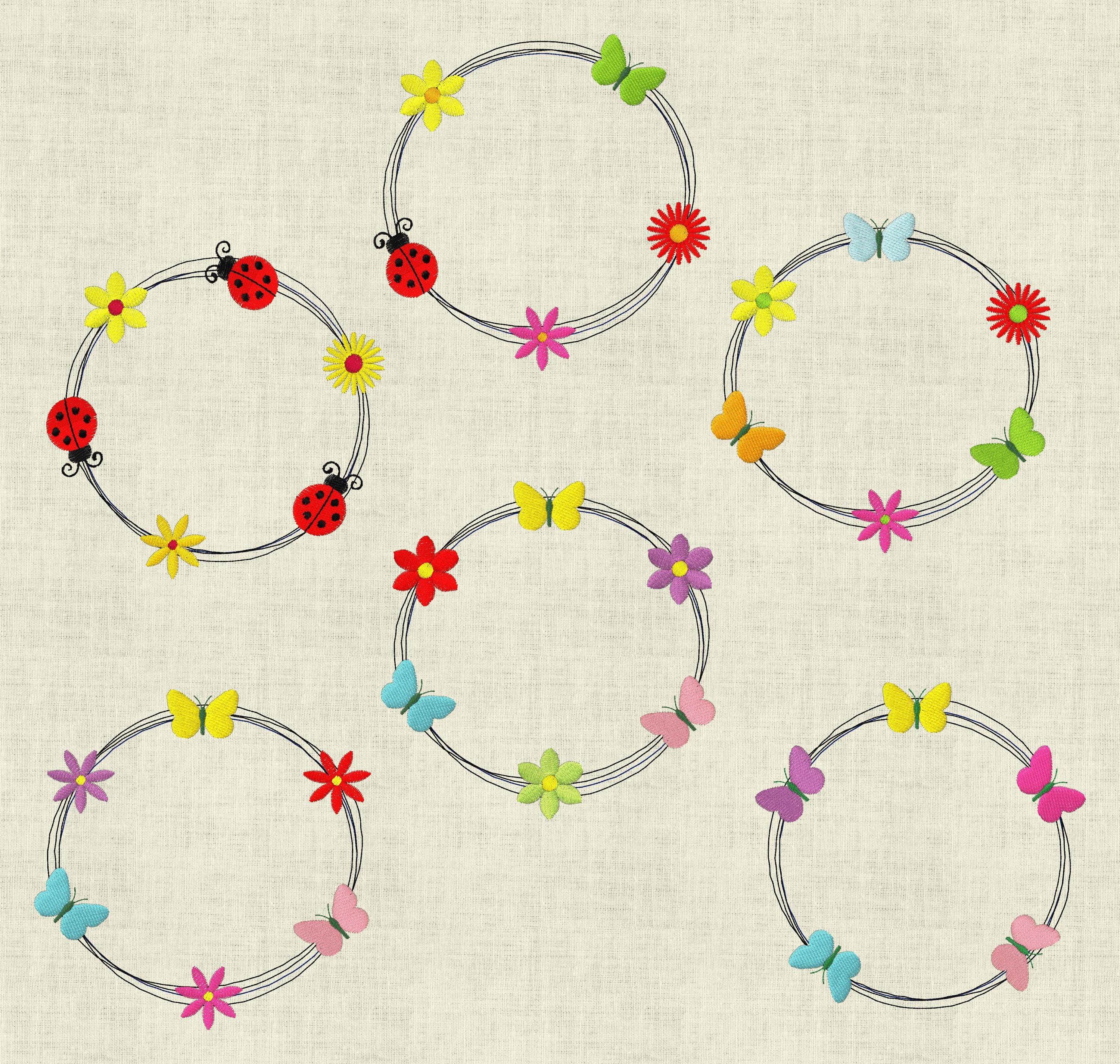 Stickdatei Doodle Rahmen Blumen Schmetterling Marienkäfer Set 600 - Sewando