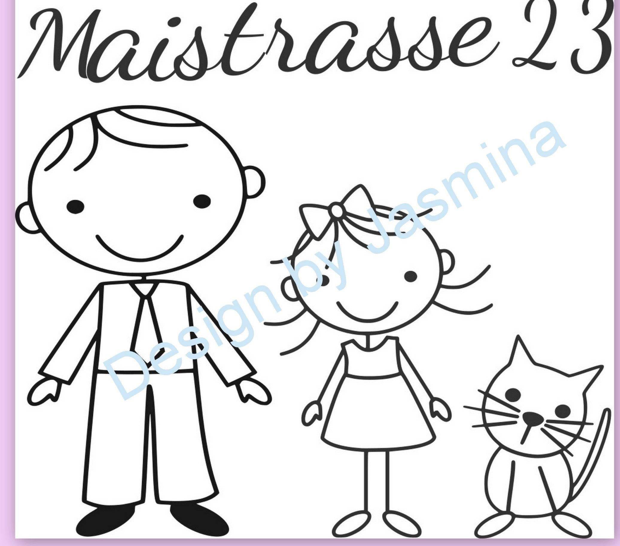 Plotterdatei Strichmännchen Familie 2 mit Katze SVG / Türschild Namensschild - Sewando