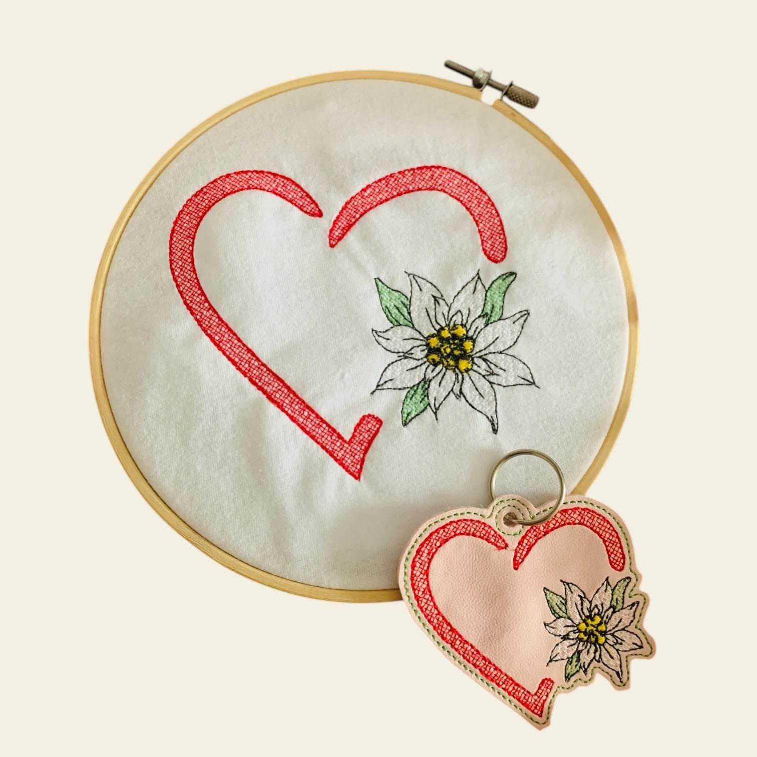 Stickdatei Edelweiss im Herz Rahmen und Schlüsselanhänger ITH 962/2 - Sewando