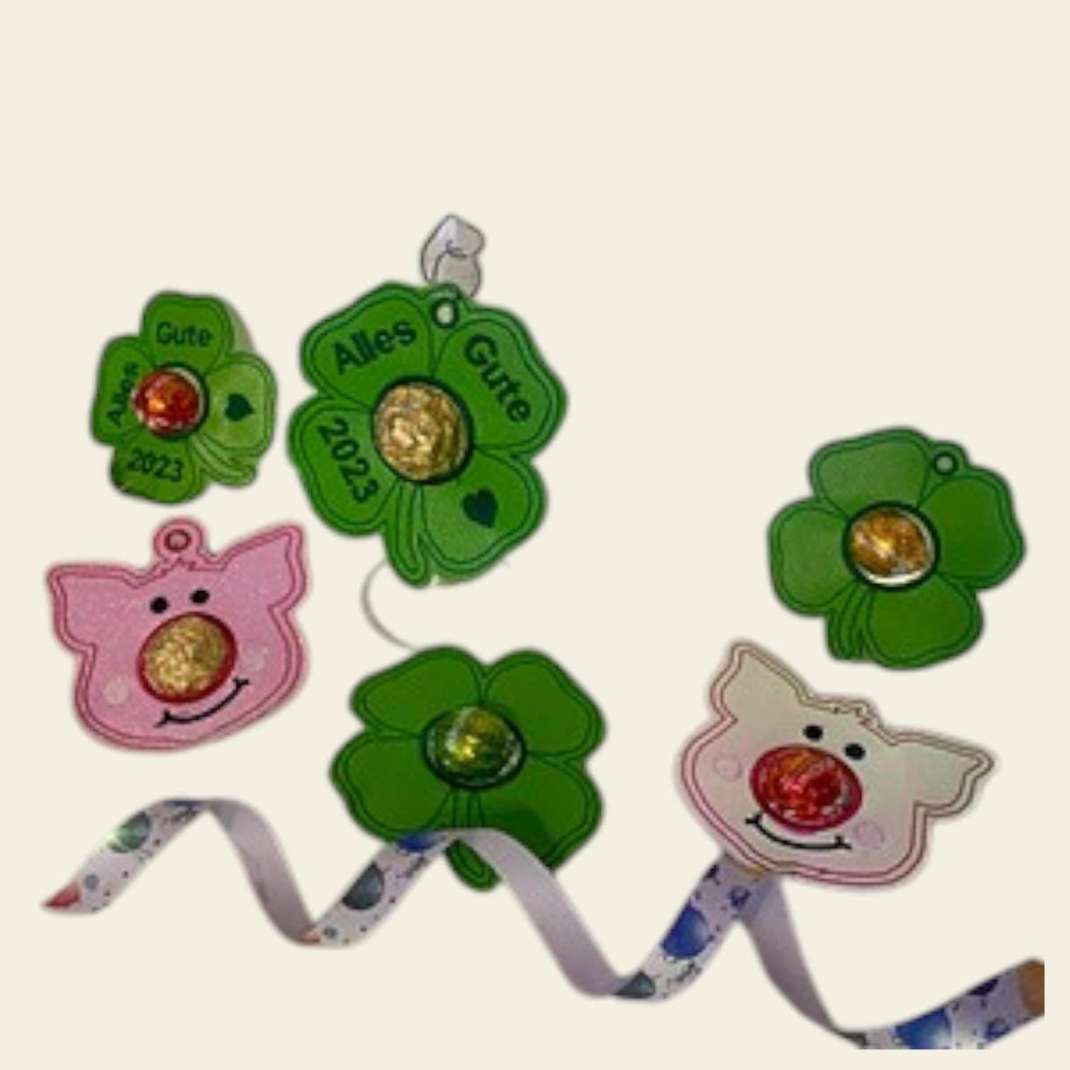 Stickdatei Silvester Kleeblatt Schwein mit Schoki Nase 10x10 Set 774 - Sewando