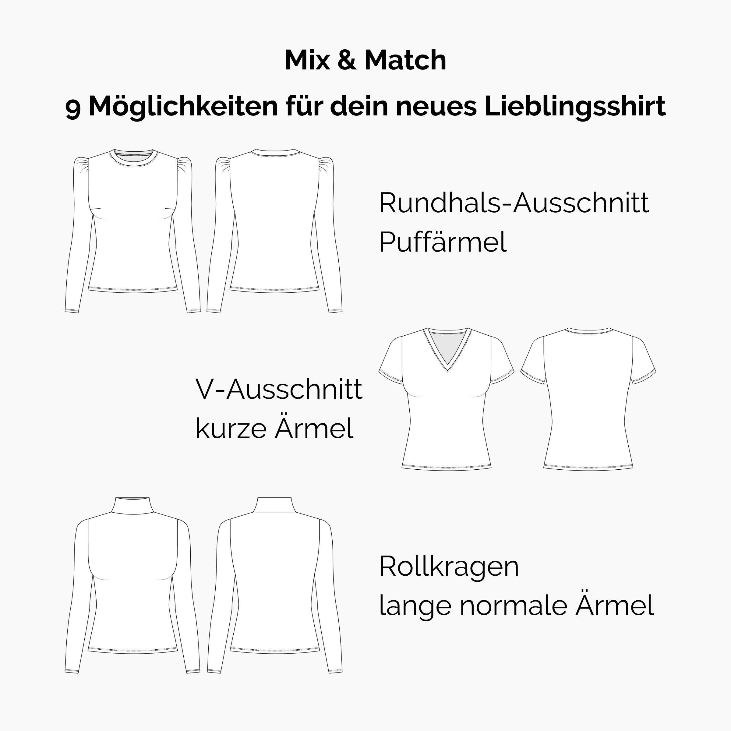 enges T-Shirt versch. Ausschnitte, A/B Cup, FITTED SHIRT, Gr. 32-50, PDF Schnittmuster - Sewando