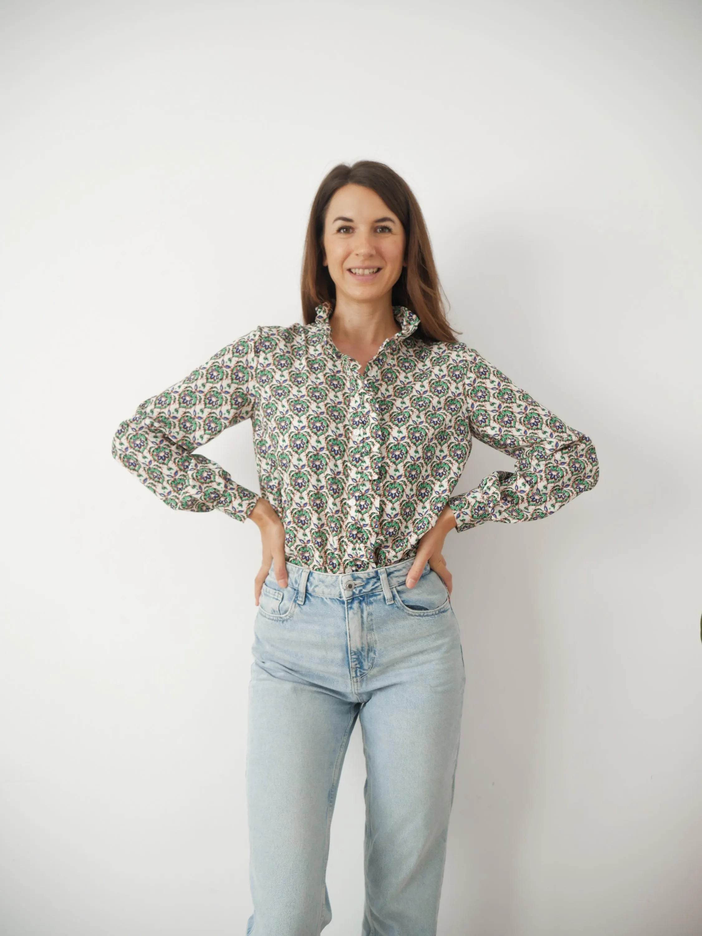 Bluse mit Rüschen und Stehkragen FLORENTINA, Gr. 32-50, PDF Schnittmuster - Sewando