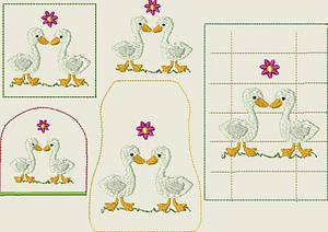 Stickdatei Küche 1 In the Hoop MugRug Gans Set 354 Topflappen Mug Rug Eierwärmer Spülschürze - Sewando