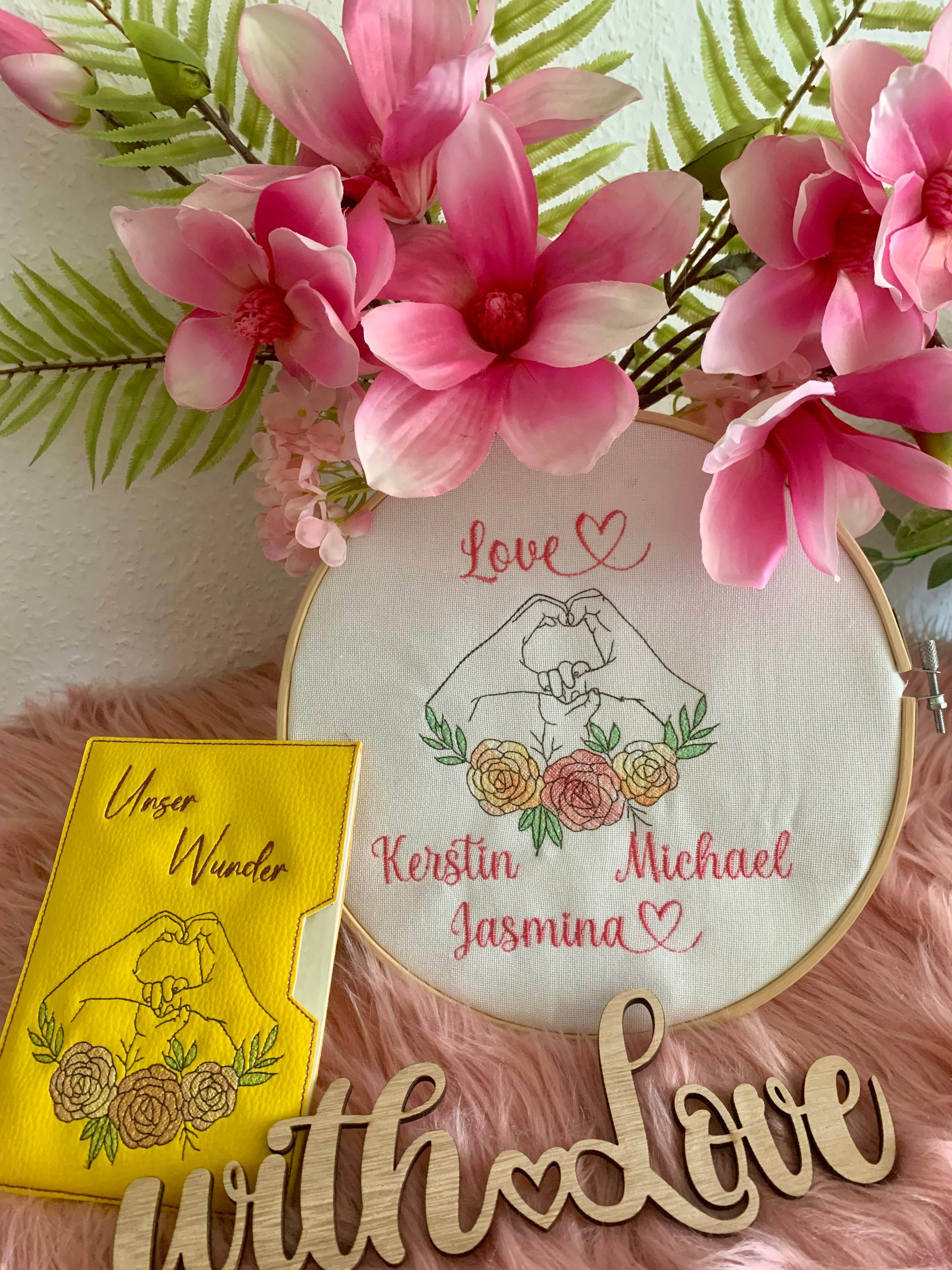 Stickdatei Hände mit Blumen Line Art Outline Redwork Familie Set 950 - Sewando