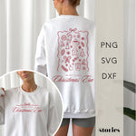 Modernes, minimalistisches Weihnachtsdesign als Plotterdatei-Set mit Schriftzug ‚in my cozy christmas era‘ und detailreicher Line Art Illustration aus Schneeflocken, Lebkuchen, Zimt, Orange, Tannenzweigen und heißem Kaffee – perfekt für handmade Christmas Sweater und Geschenke mit besonderem Flair.“