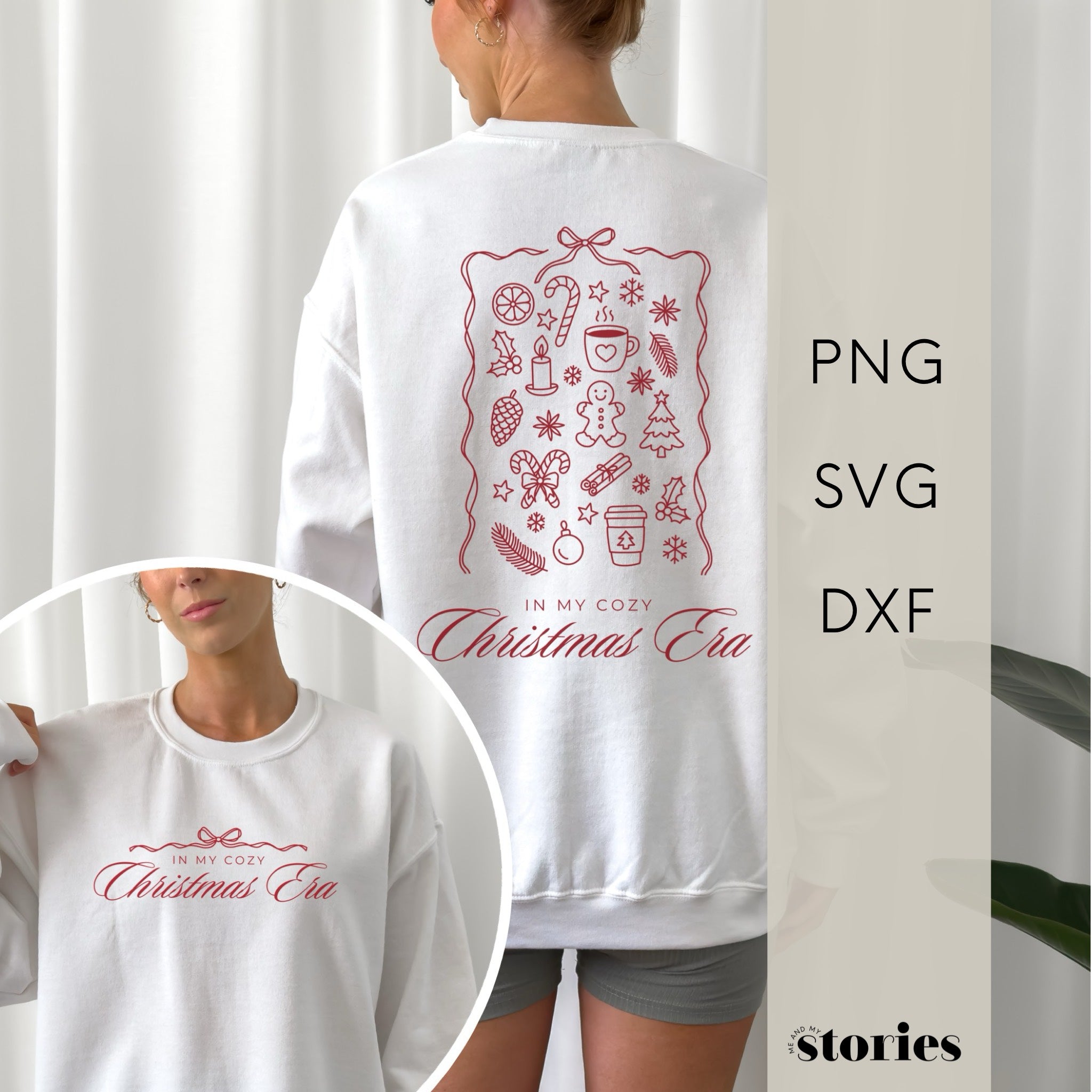 Modernes, minimalistisches Weihnachtsdesign als Plotterdatei-Set mit Schriftzug ‚in my cozy christmas era‘ und detailreicher Line Art Illustration aus Schneeflocken, Lebkuchen, Zimt, Orange, Tannenzweigen und heißem Kaffee – perfekt für handmade Christmas Sweater und Geschenke mit besonderem Flair.“