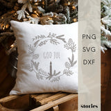 Plotterdatei Weihnachten im Scandi-Look mit ‚God Jul‘ Schriftzug und Line Art Kranz – stilvolles Design für Kissen, Sweater und Deko.
