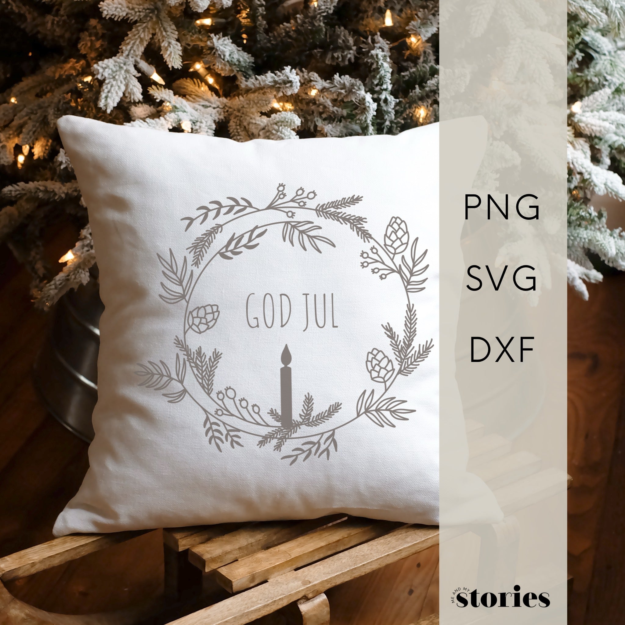 Plotterdatei Weihnachten im Scandi-Look mit ‚God Jul‘ Schriftzug und Line Art Kranz – stilvolles Design für Kissen, Sweater und Deko.