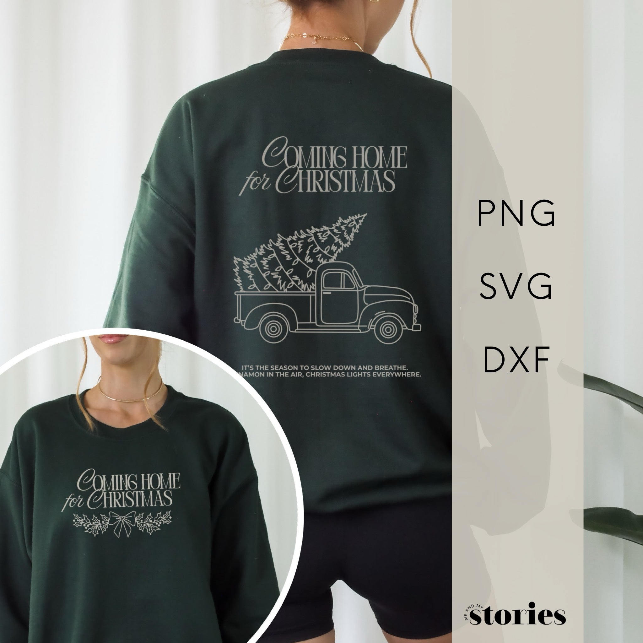 Zweiteiliges Weihnachts-Plotterdatei-Set mit In my cozy Christmas Era & Coming Home for Christmas – Line Art Designs für Sweater, Hoodies & festliche DIY-Projekte.