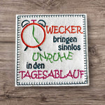 4x Stickdatei Wecker mit Spruch (deutsch) - Sewando