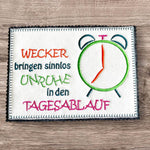 4x Stickdatei Wecker mit Spruch (deutsch) - Sewando
