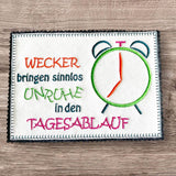 4x Stickdatei Wecker mit Spruch (deutsch) - Sewando