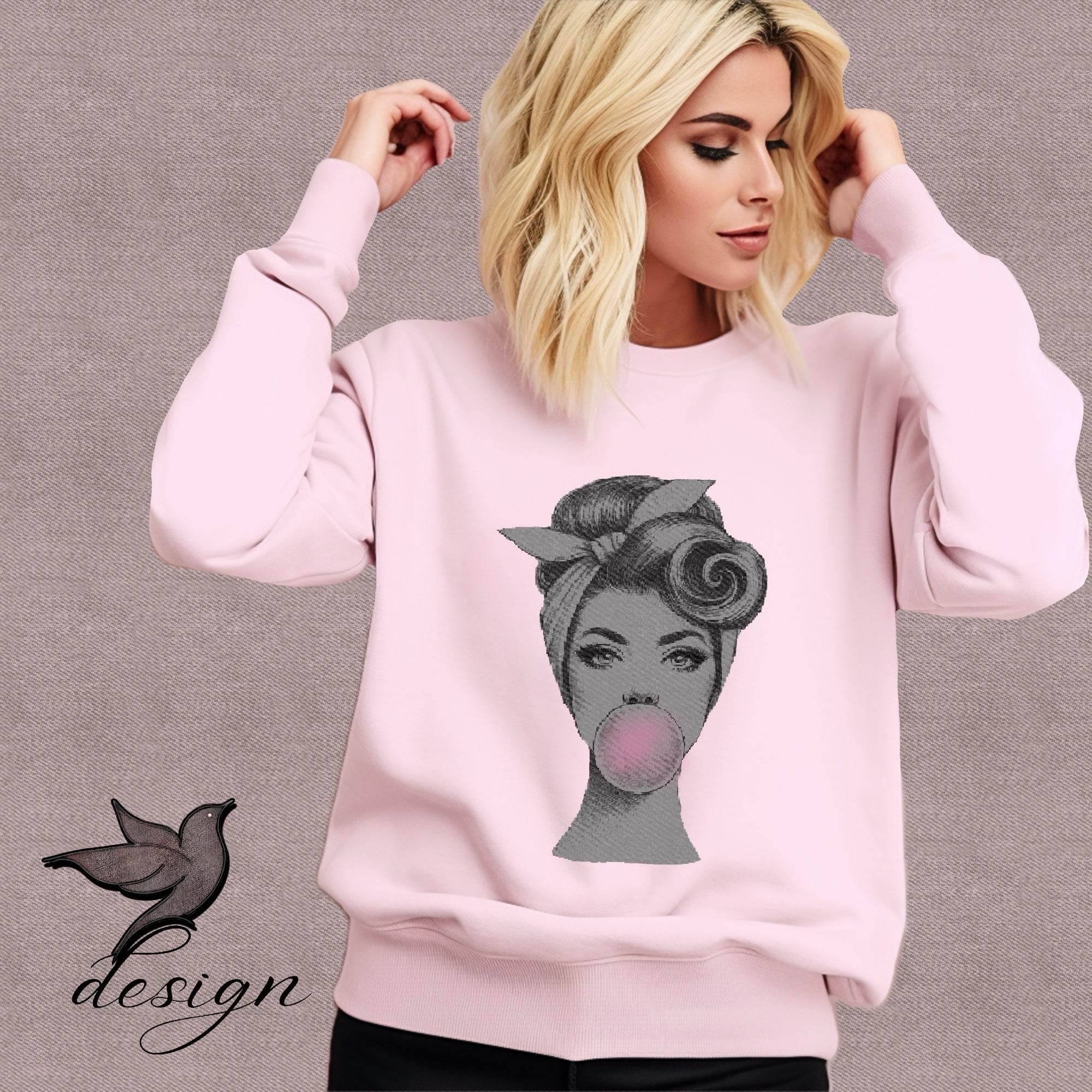 Bubblegum Lady – Rockabilly Pinup Bügelbild (PNG-Datei) - Sewando