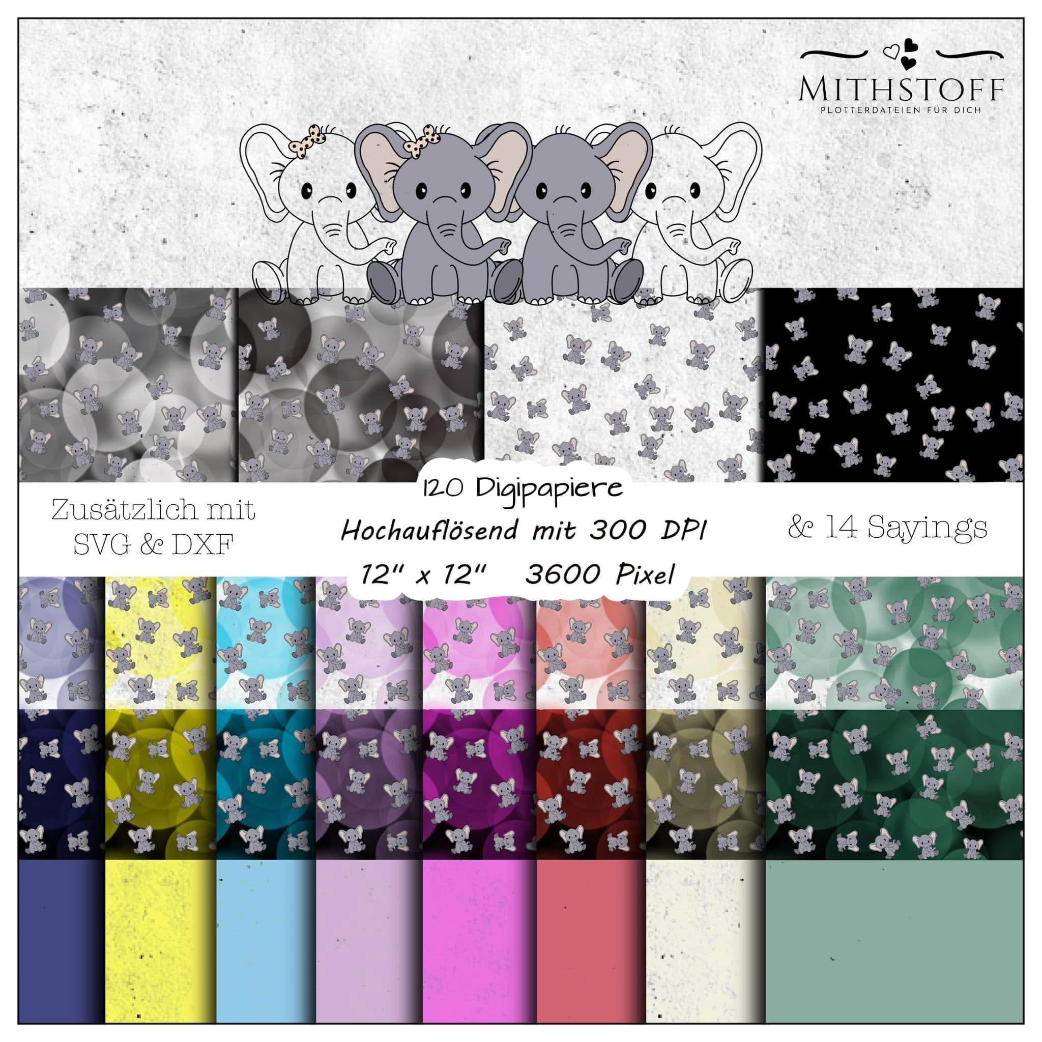 Riesiges Digipapierset Elefantenkinder - 120 Papiere & 12 Sayings, Digistamp - Sewando