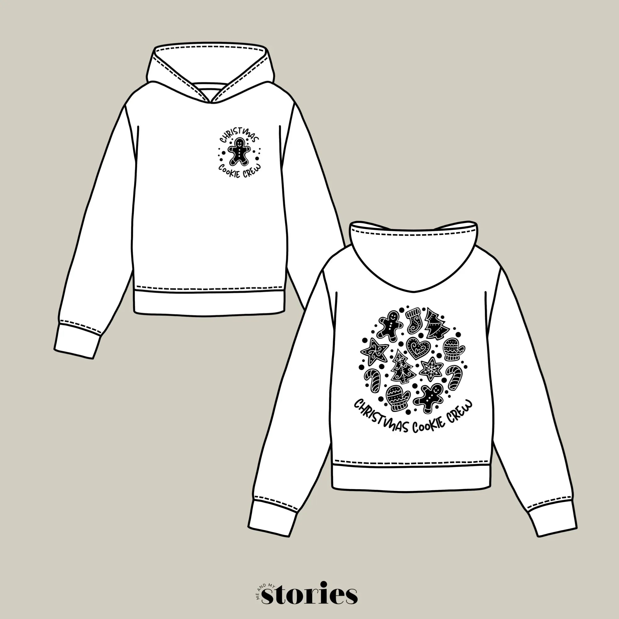 Zweiteilige Plotterdatei Weihnachten ‚Christmas Cookie Crew‘ – großer Rückenprint mit Keks-Illustrationen und kleiner Frontprint. Perfekt für Family- und Partner-Weihnachtspullis.
