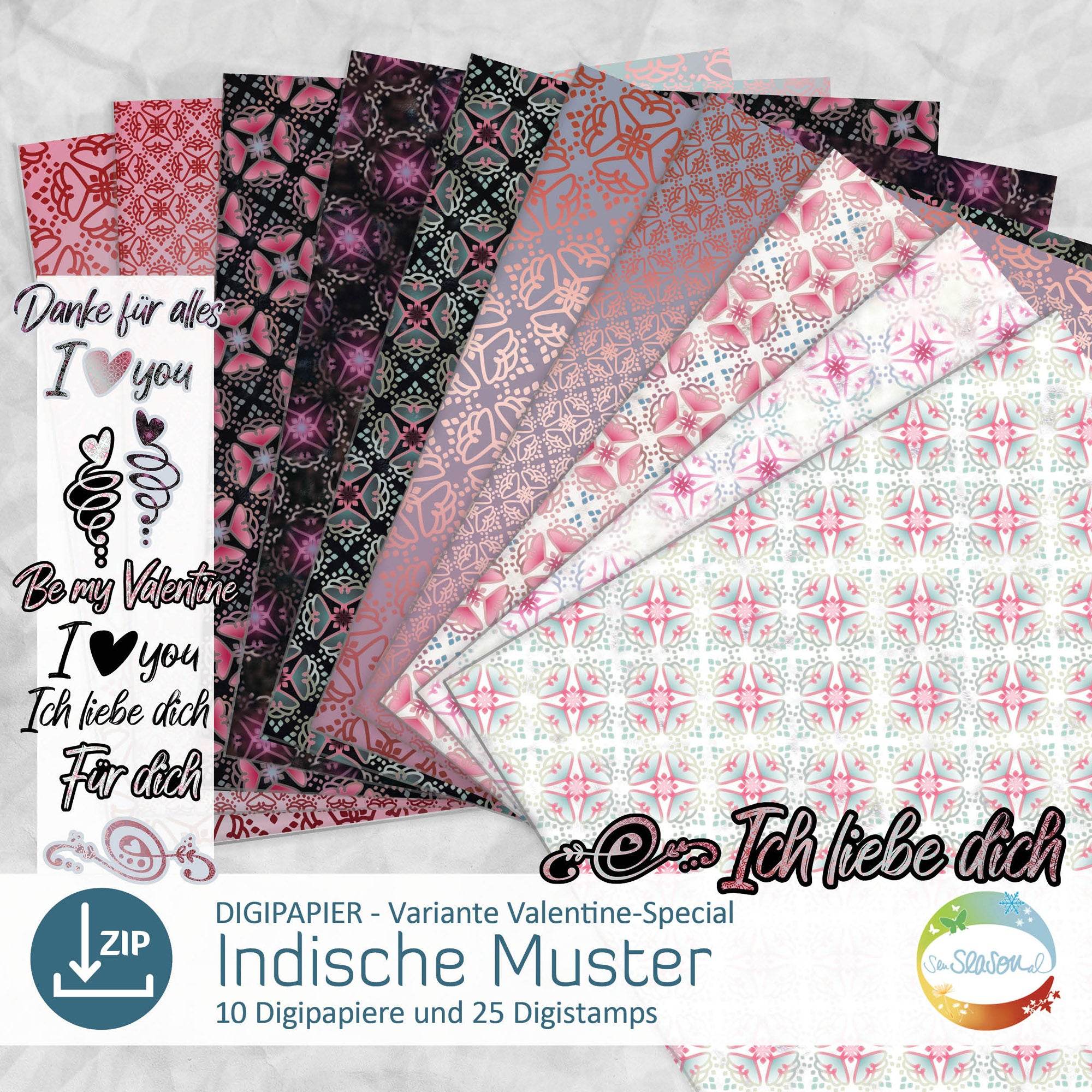 Digipapier-Set Indische Muster Valentins-Special - Musterpapier, Designpapier, Sublimation - Sewando