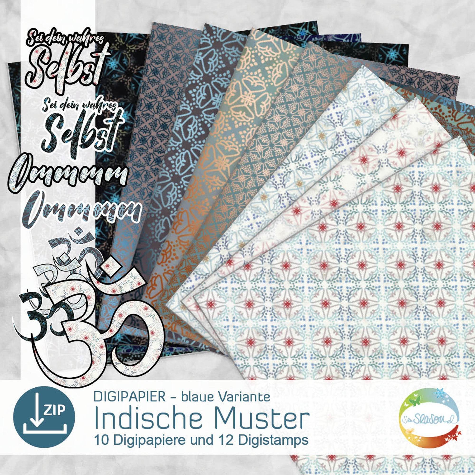 Digipapier-Set blaue Indische Muster - Druckvorlage, Musterpapier, Designpapier, Sublimation - Sewando