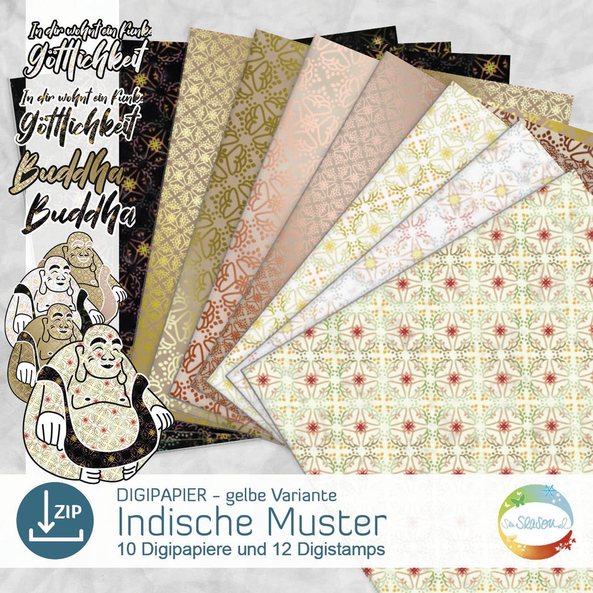 Digipapier-Set gelbe Indische Muster - Druckvorlage, Musterpapier, Designpapier, Sublimation - Sewando