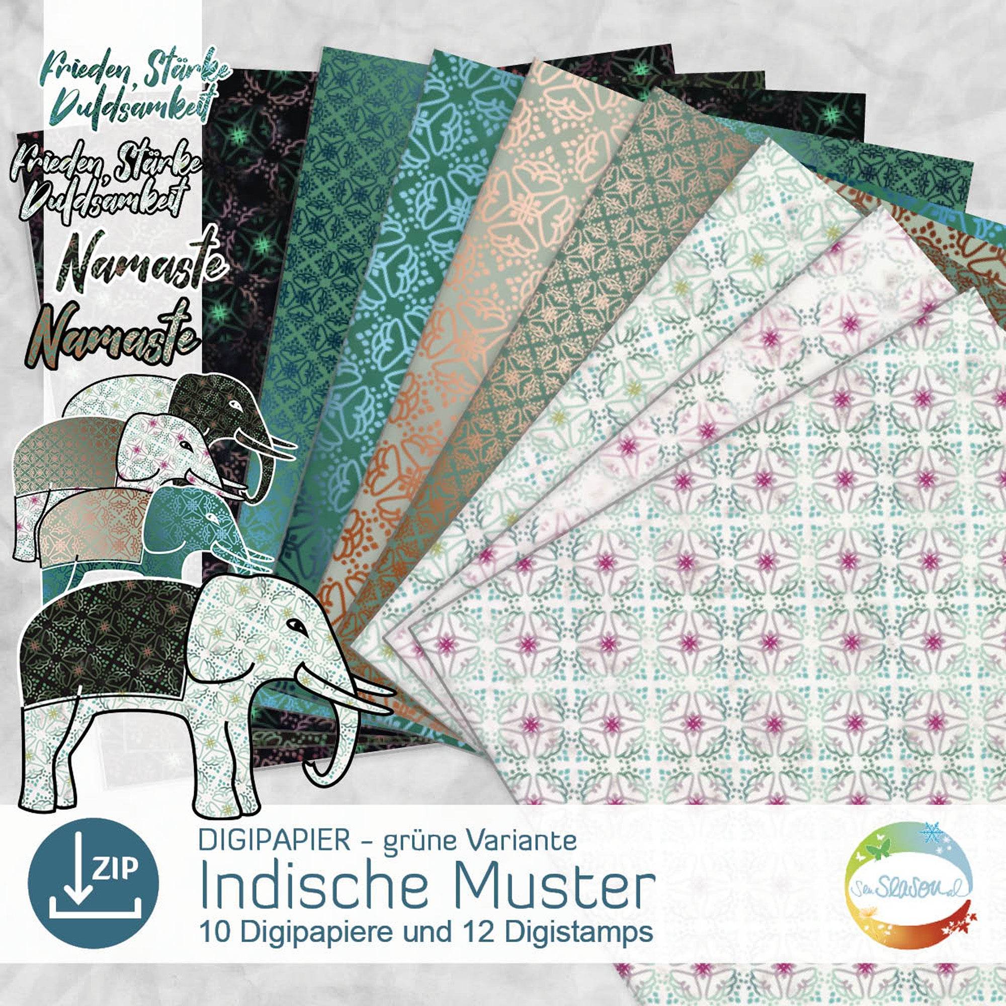Digipapier-Set grüne Indische Muster - Druckvorlage, Musterpapier, Designpapier, Sublimation - Sewando