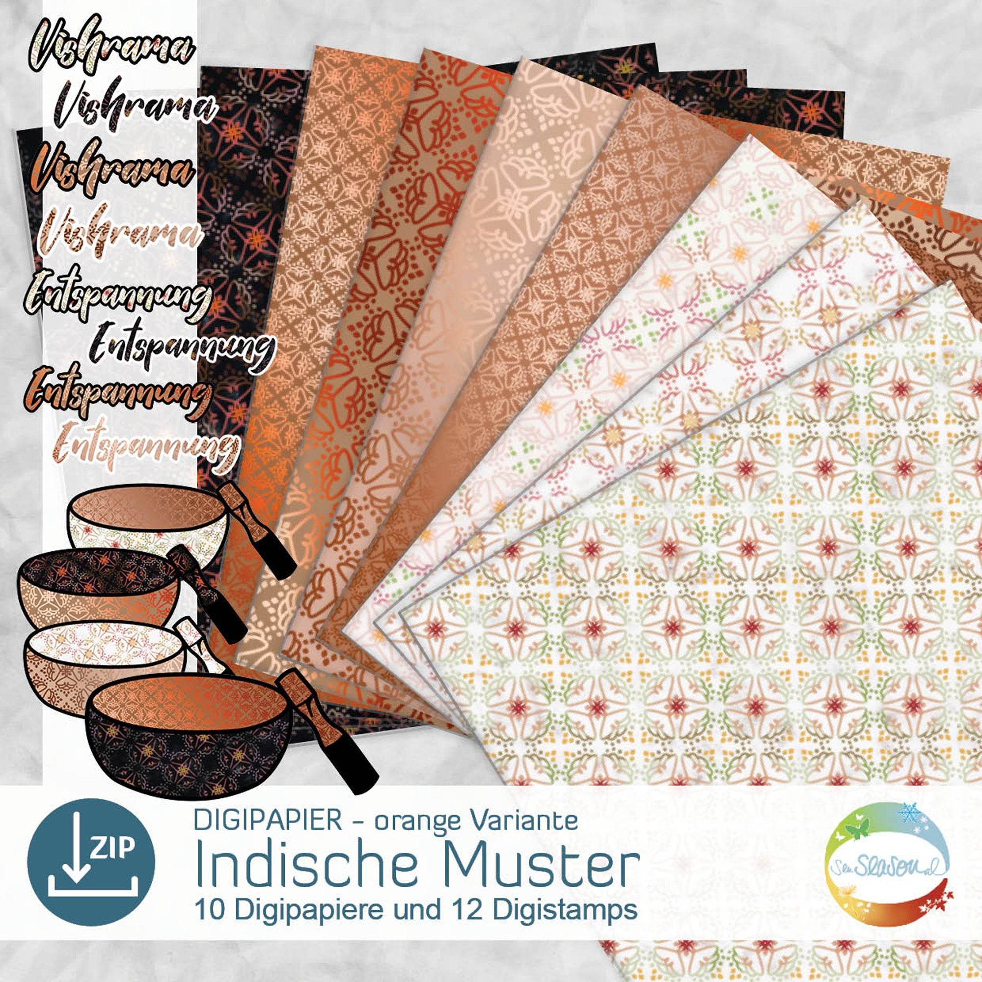 Digipapier-Set orangene Indische Muster - Druckvorlage, Musterpapier, Designpapier, Sublimation - Sewando