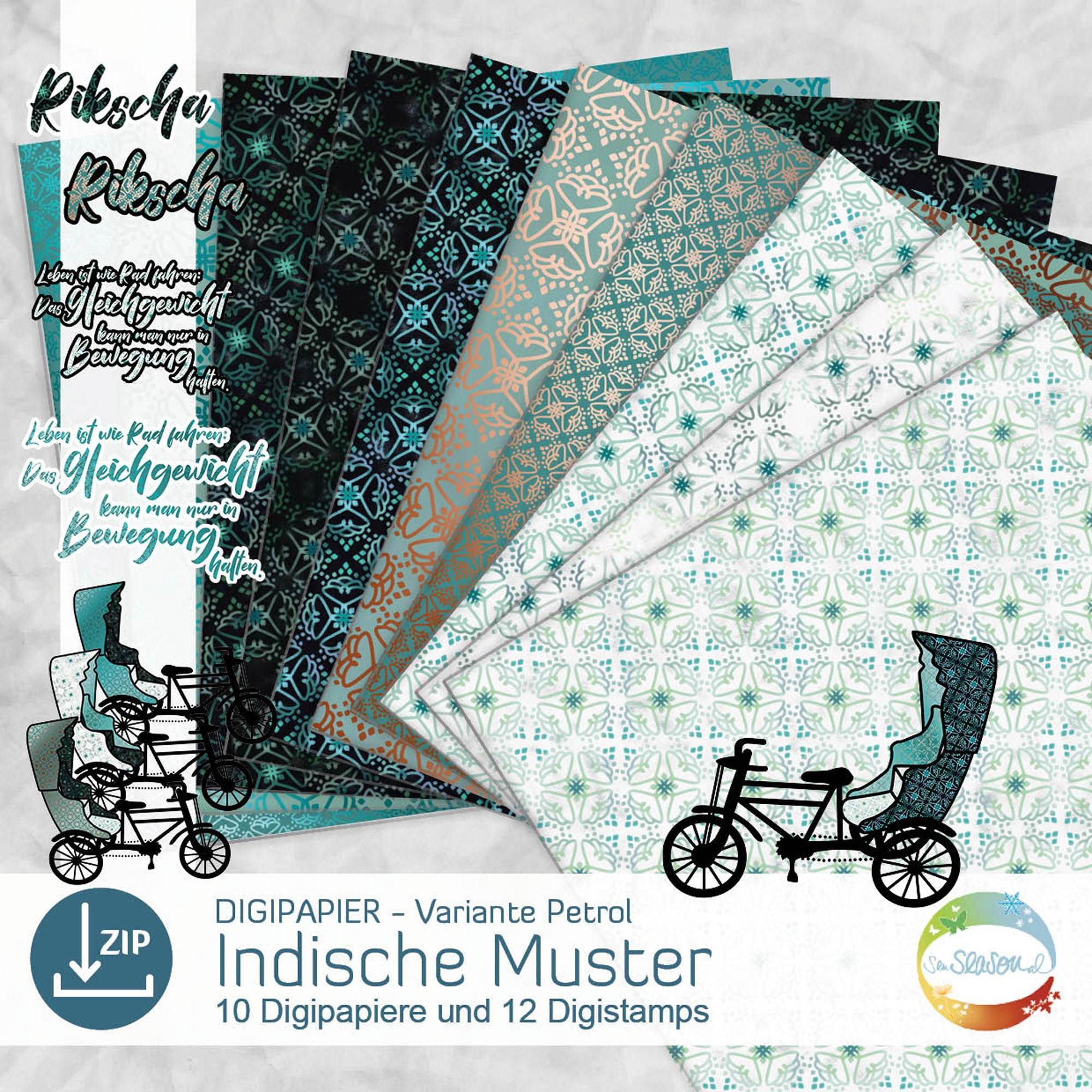 Digipapier-Set petrol-farbene Indische Muster - Musterpapier, Designpapier, Sublimation - Sewando