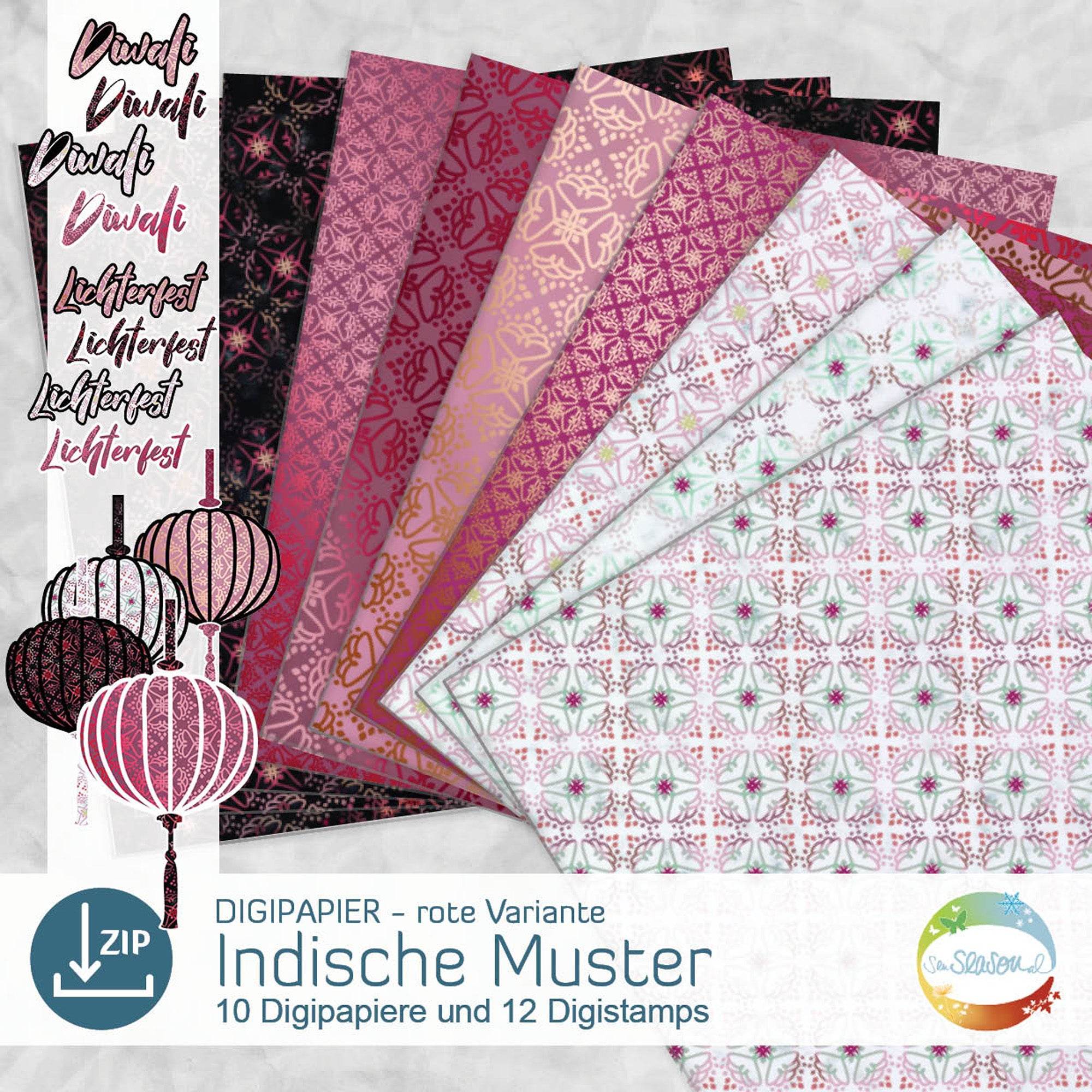 Digipapier-Set rote Indische Muster - Druckvorlage, Musterpapier, Designpapier, Sublimation - Sewando