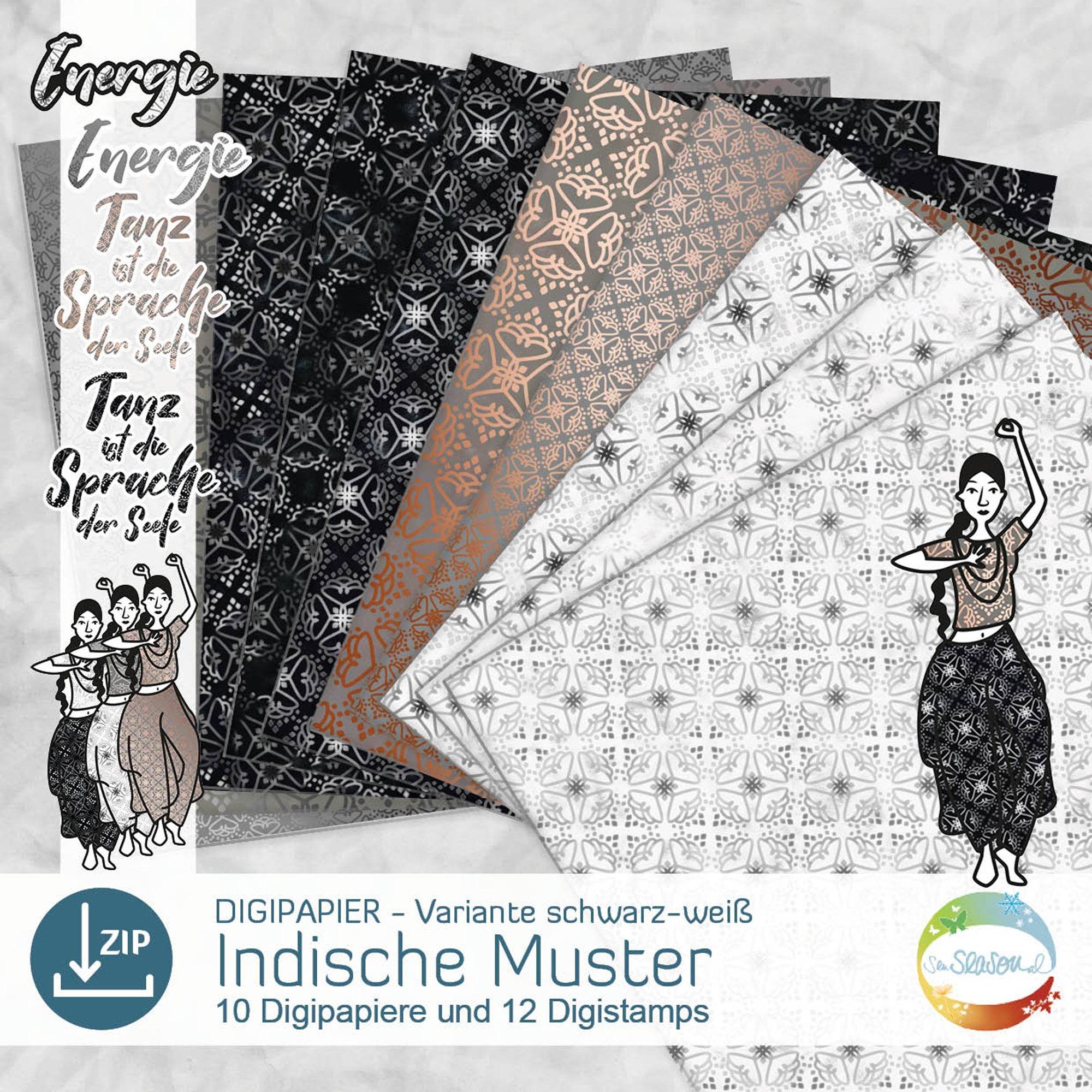 Digipapier-Set schwarz-weiße Indische Muster - Musterpapier, Designpapier, Sublimation - Sewando